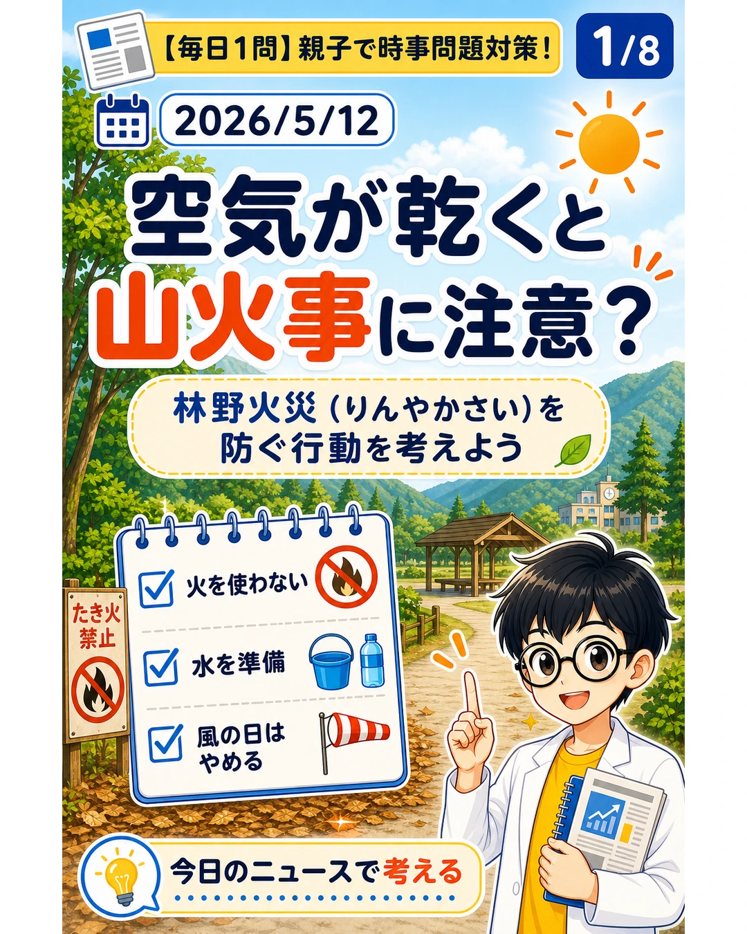 空気が乾くと山火事に注意が必要であることを示す適性検査ニュースのスライド