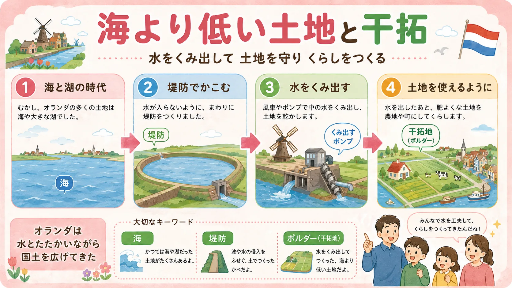 オランダの干拓地とポルダーのしくみを説明する図解