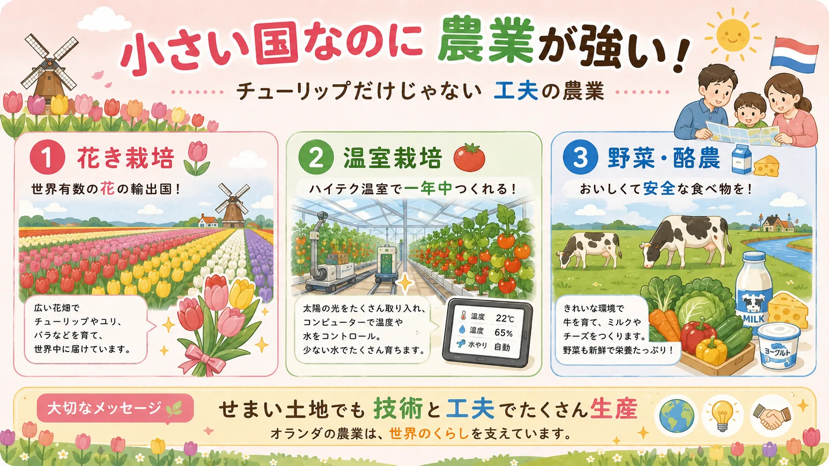 オランダの花き栽培、温室栽培、酪農を説明する図解