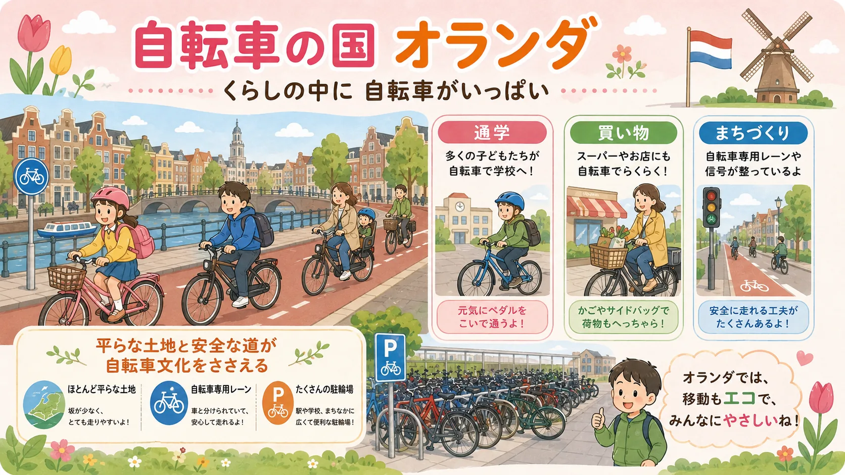 オランダの自転車文化と街づくりを説明するイラスト