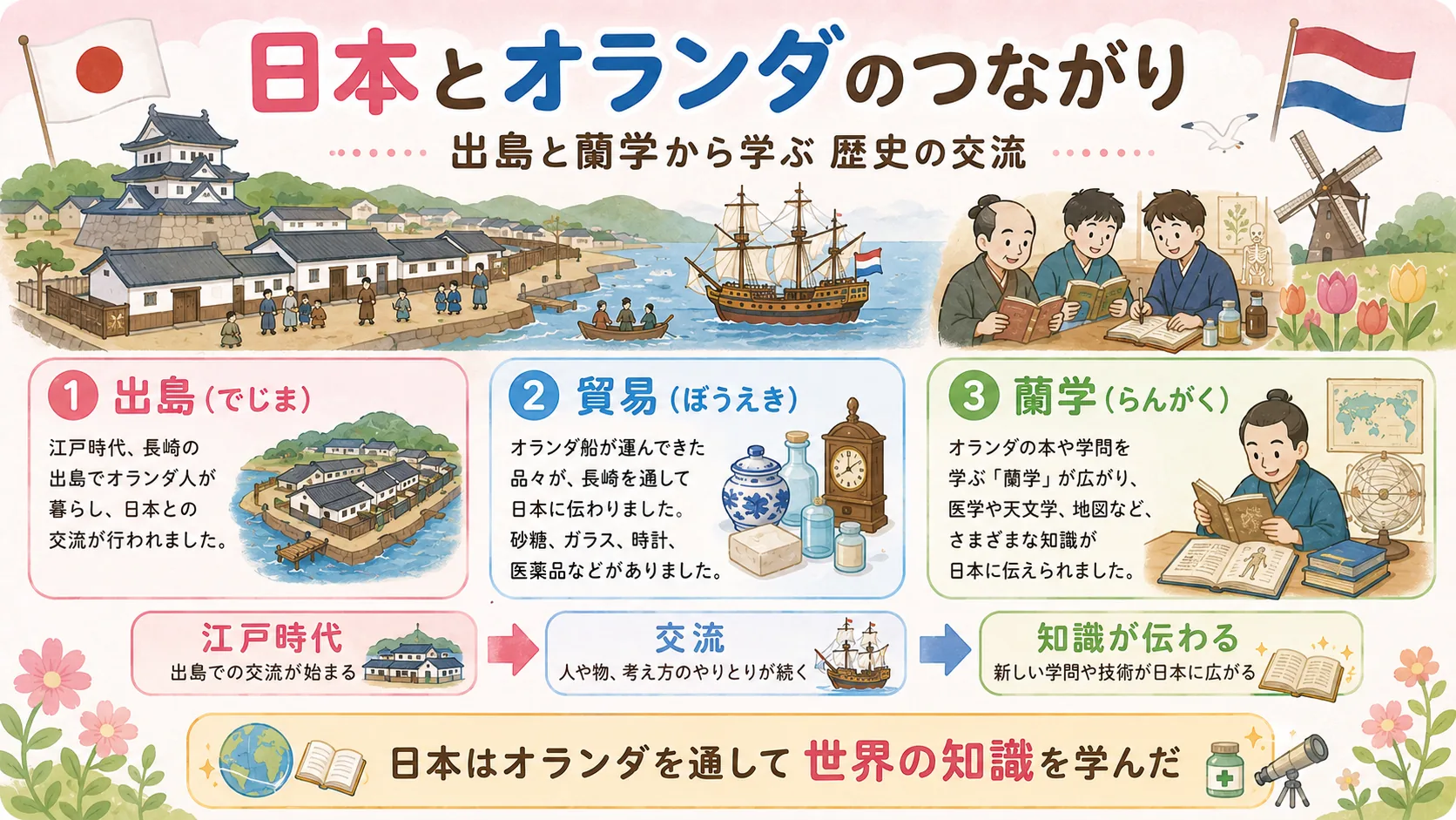 江戸時代の出島と蘭学を通じた日本とオランダの交流図解