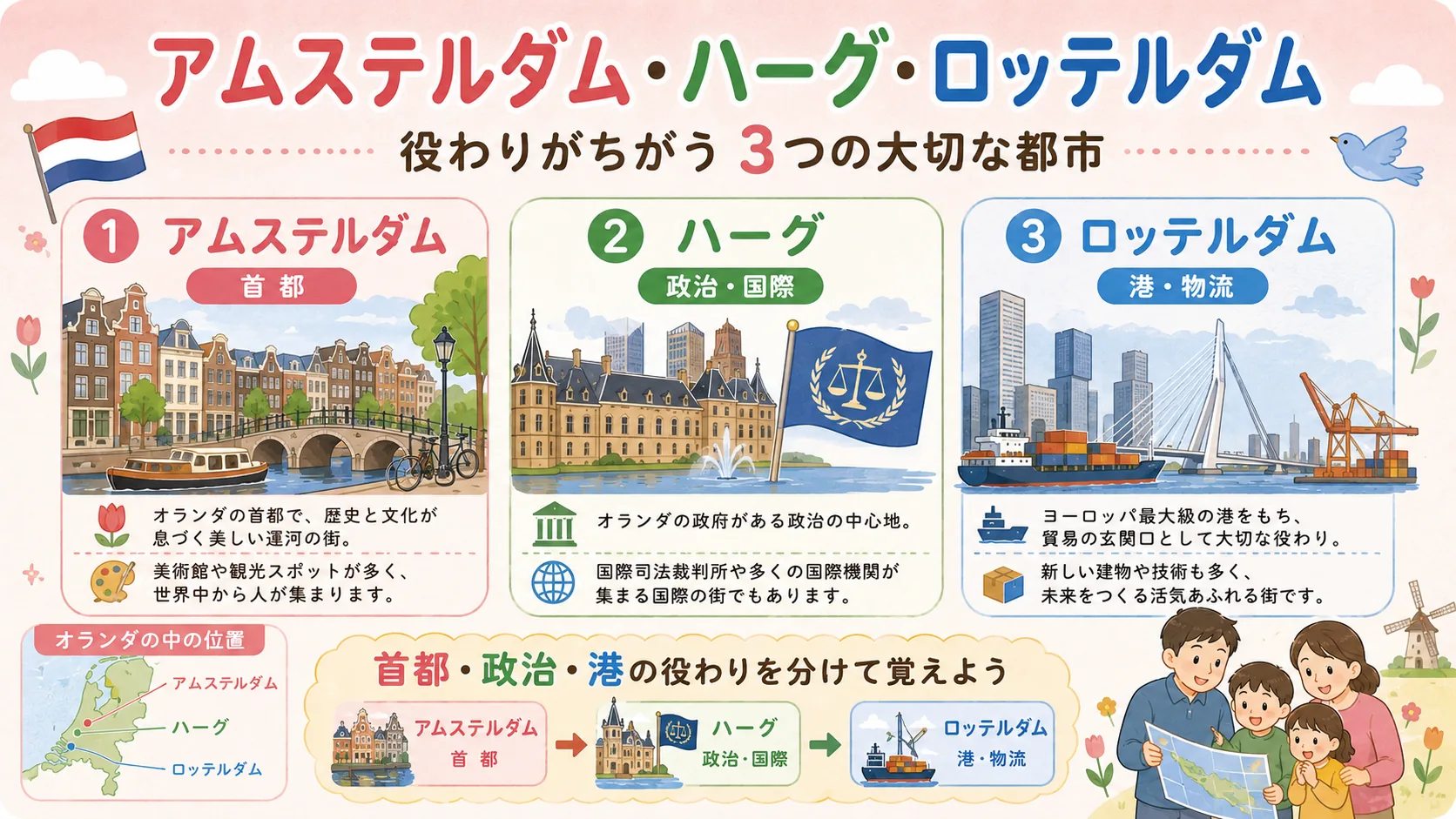 アムステルダム、ハーグ、ロッテルダムの役割を説明する図解