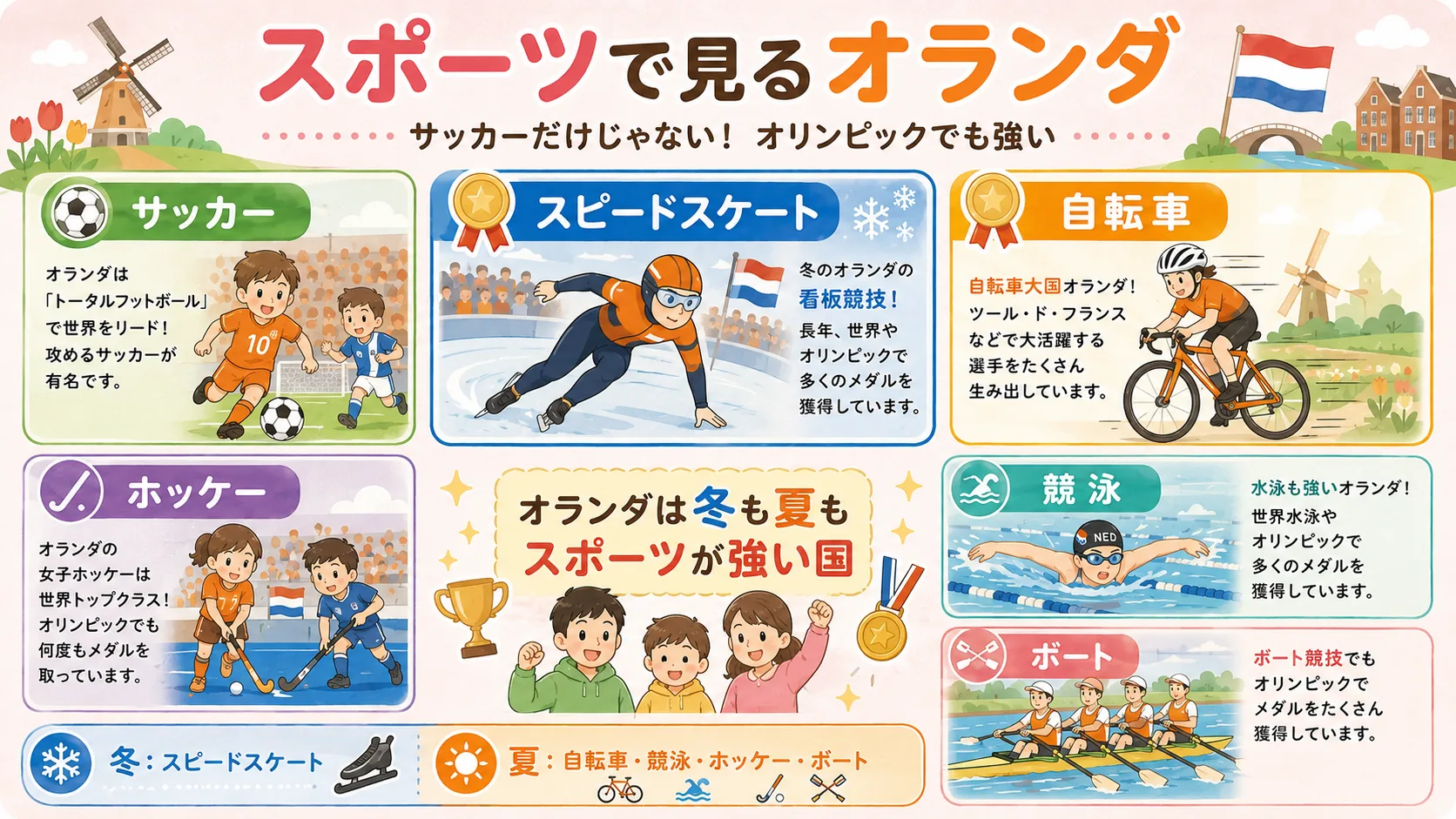 サッカー、スピードスケート、自転車などオランダのスポーツを紹介する図解