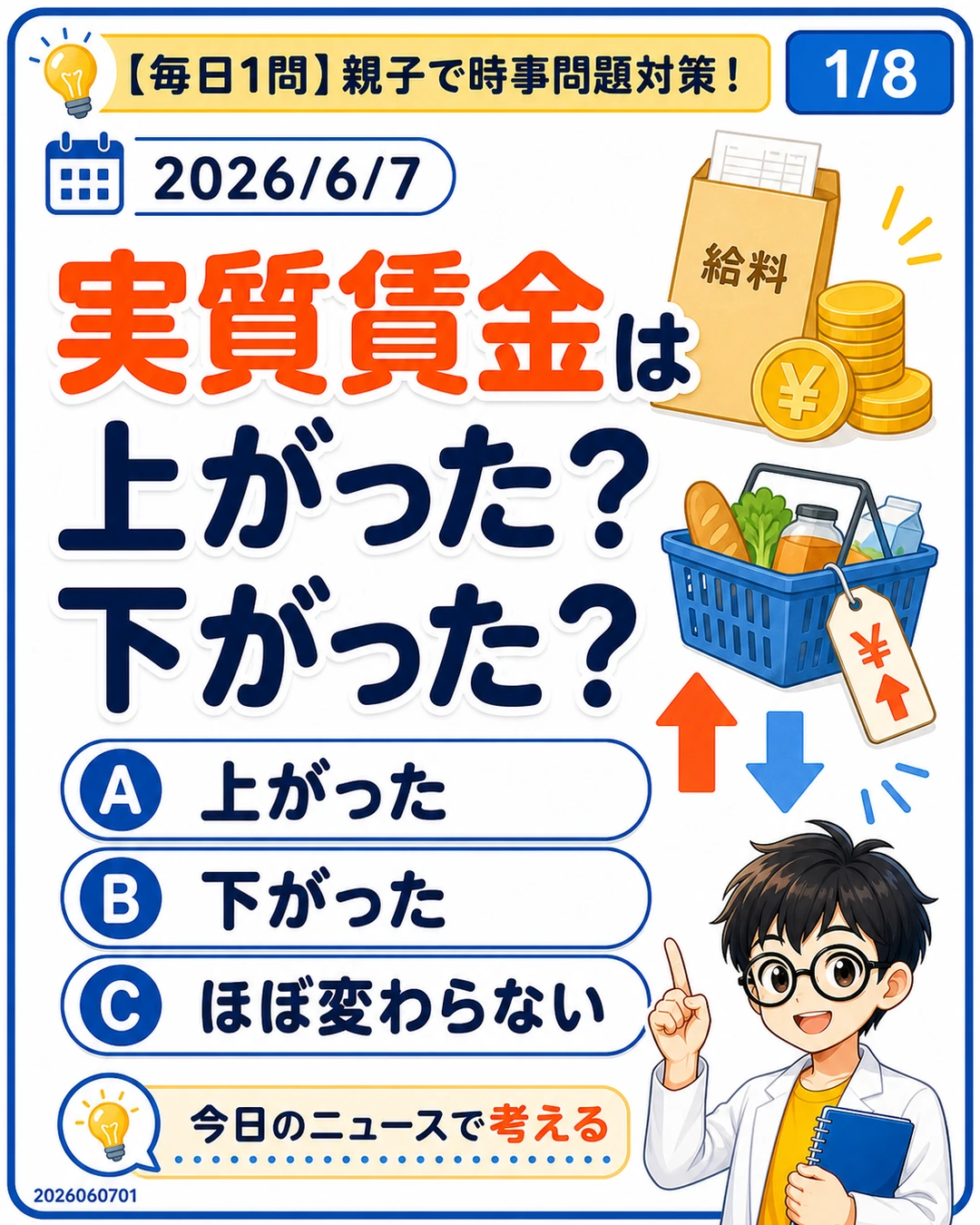 実質賃金が上がったか下がったかを問う時事問題クイズの表紙スライド。