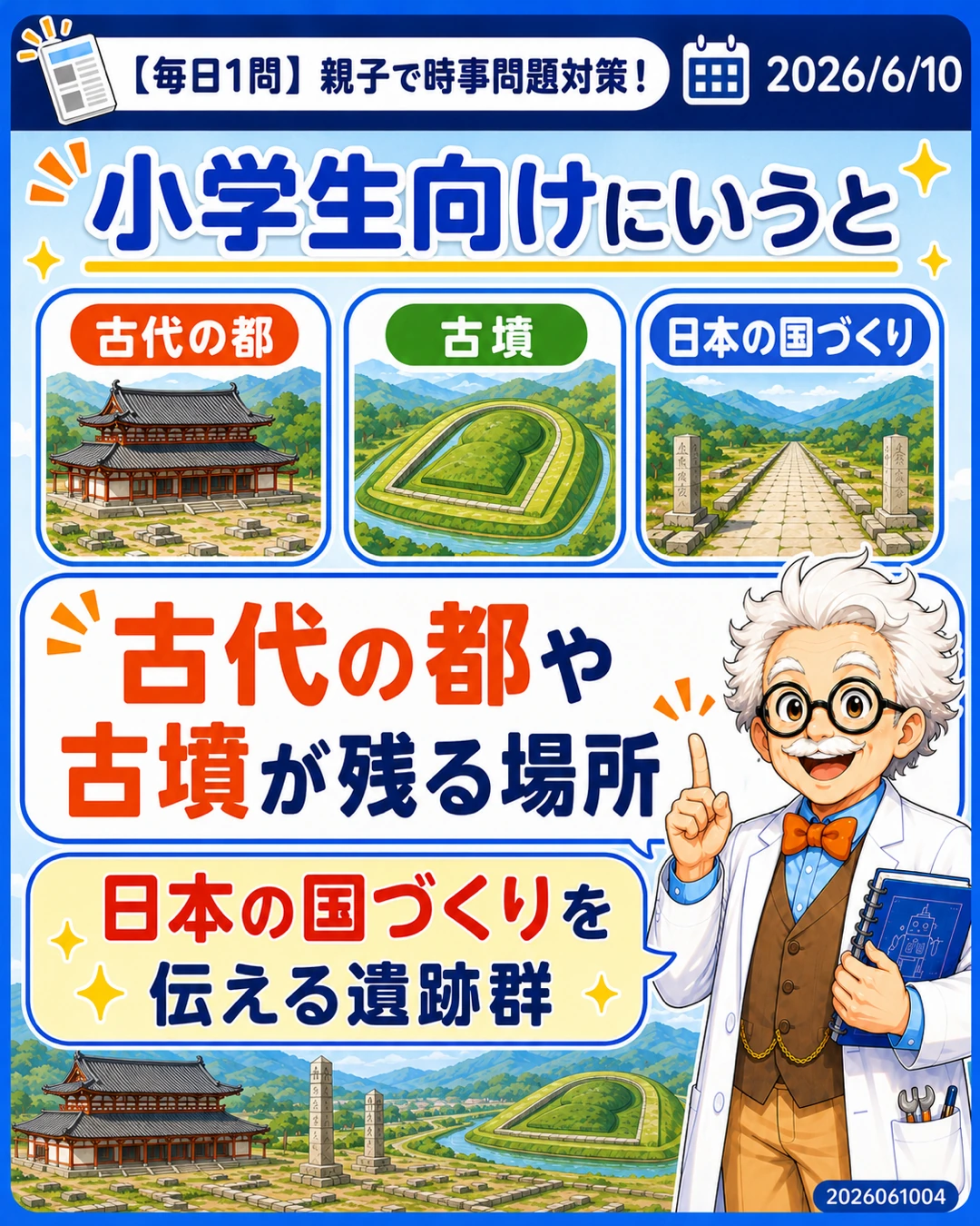 飛鳥・藤原の宮都は古代の都や古墳が残る場所だと小学生向けに説明するスライド
