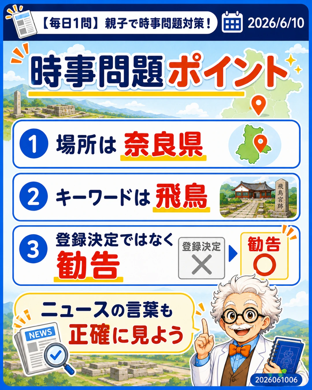 飛鳥・藤原の宮都の時事問題ポイントとして場所、時代、記載勧告を整理するスライド