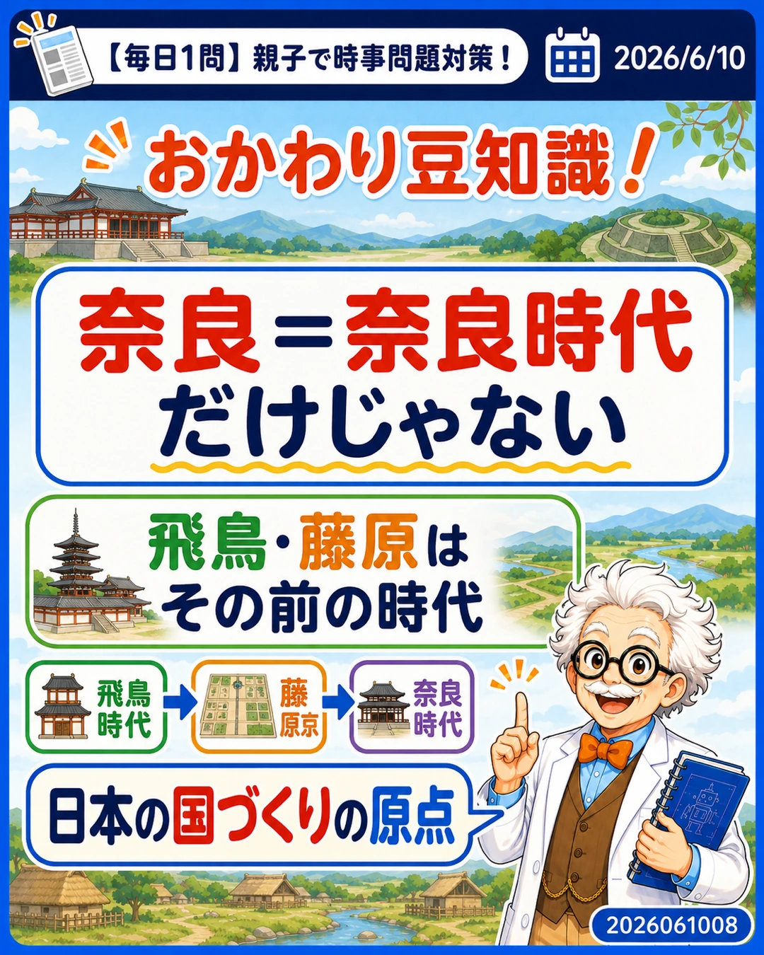 奈良時代より前の飛鳥時代が飛鳥・藤原の宮都のポイントだと説明するおかわり豆知識スライド