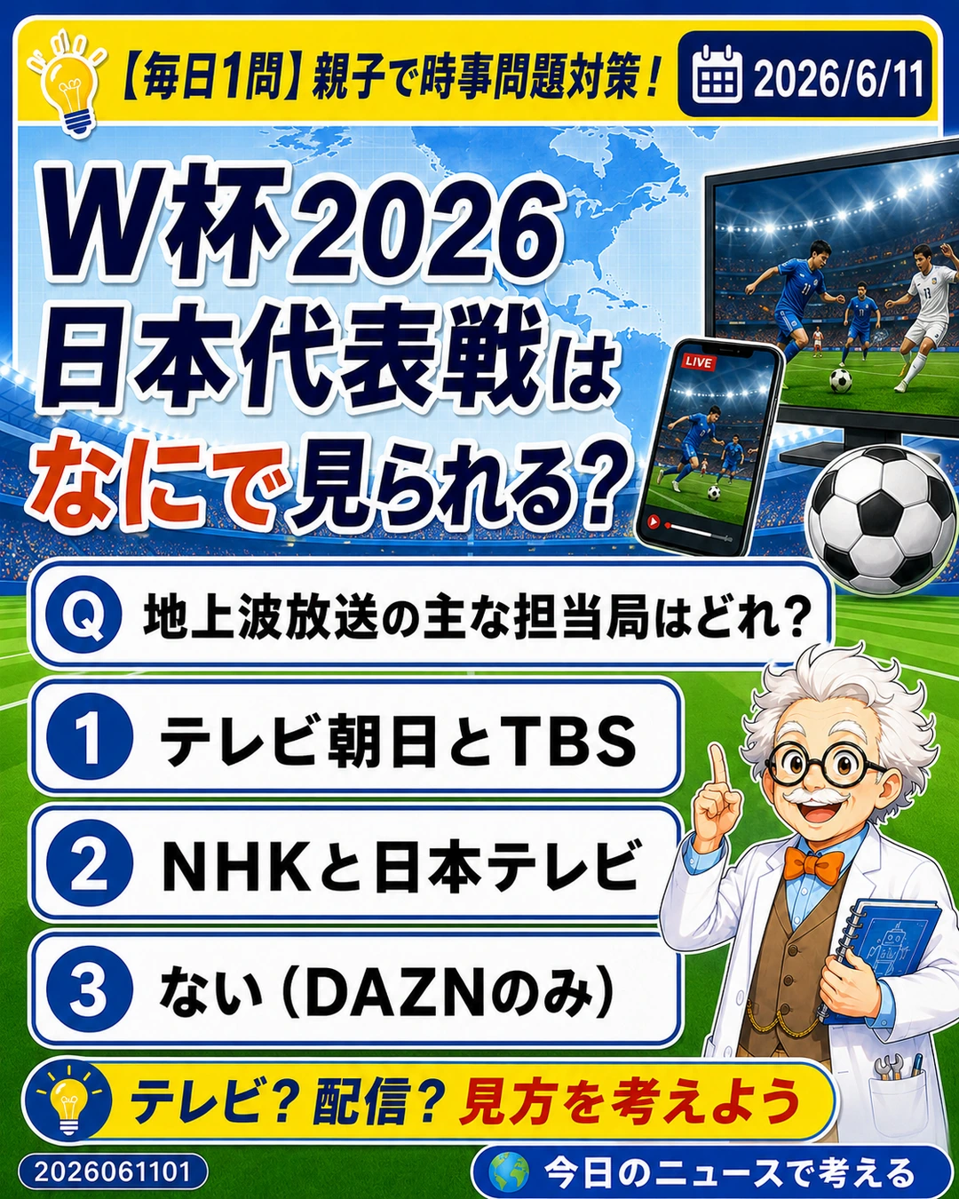 2026年W杯の日本代表戦を地上波と配信のどちらで見られるか考える時事問題クイズ