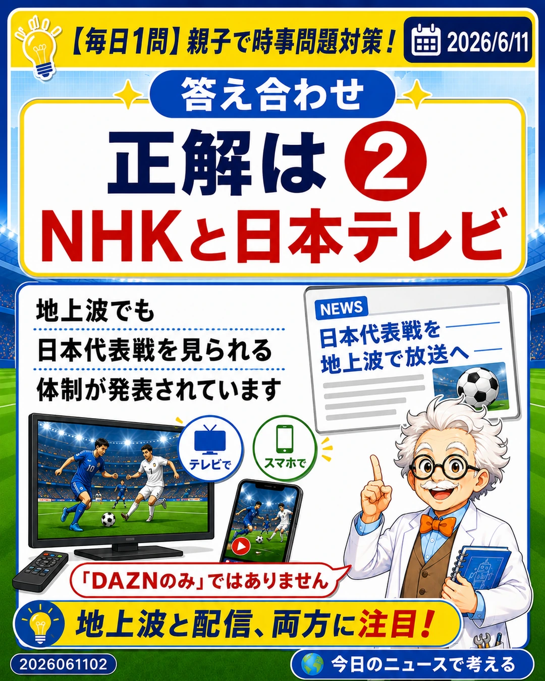2026年W杯の日本代表戦に関するクイズの正解がNHKと日本テレビであることを示す答え合わせスライド