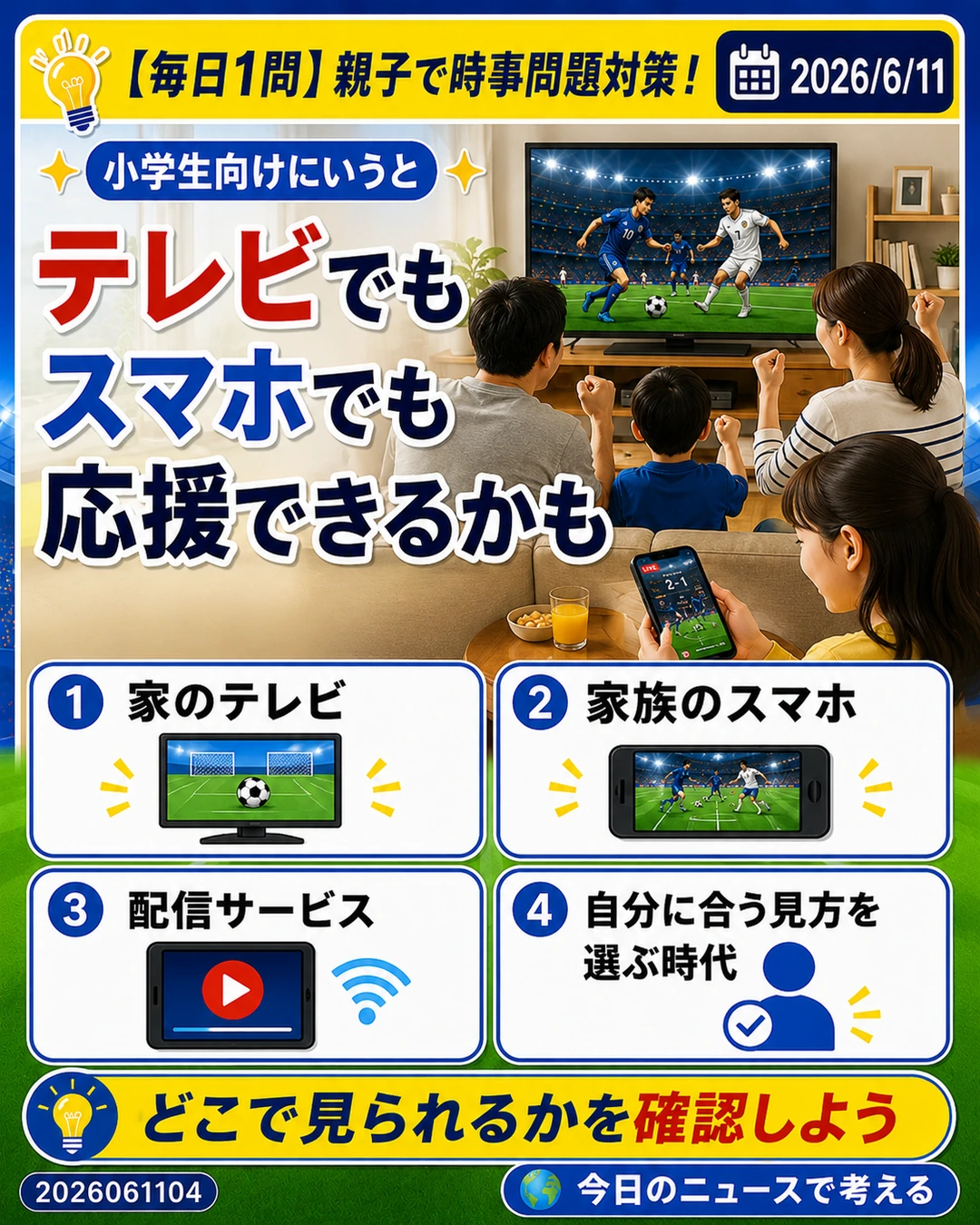2026年W杯はテレビでもスマホでも応援できる可能性があると小学生向けに説明するスライド