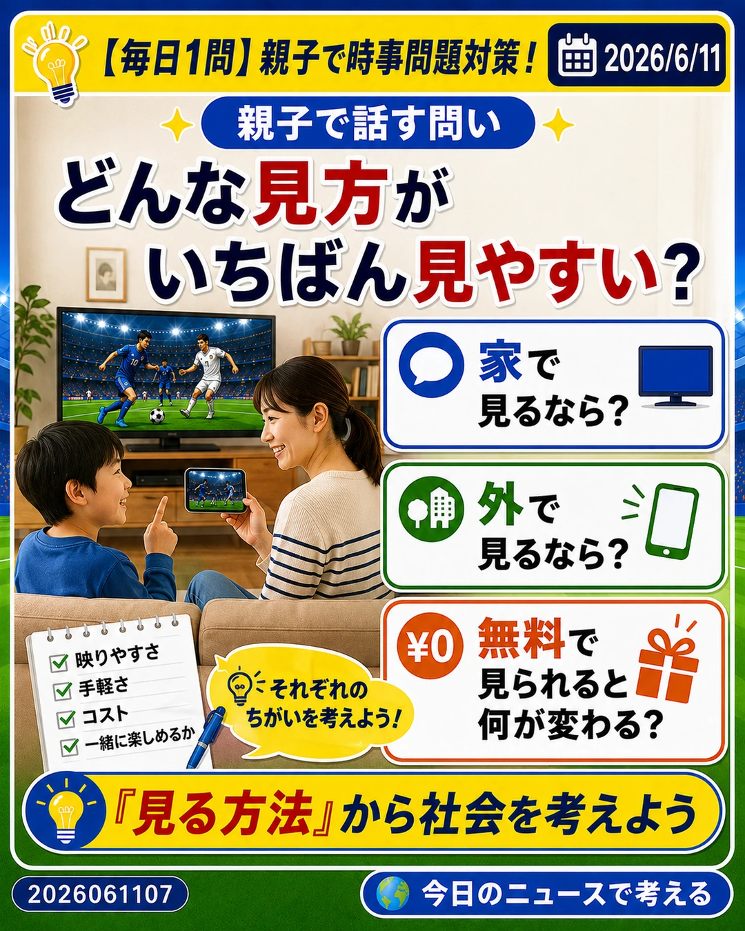 大きなスポーツ大会をテレビと配信のどちらで見ると便利か親子で話す問いのスライド