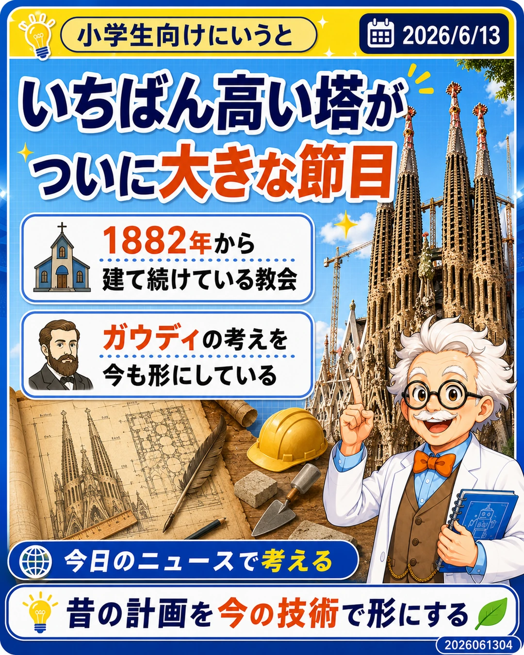 サグラダ・ファミリアは1882年から建設が続くガウディゆかりの教会だと説明するスライド