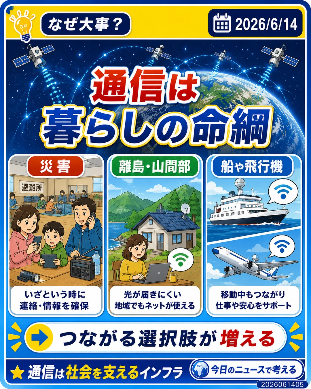 Starlinkのような衛星通信が災害時や離島山間部の通信インフラになることを説明するスライド