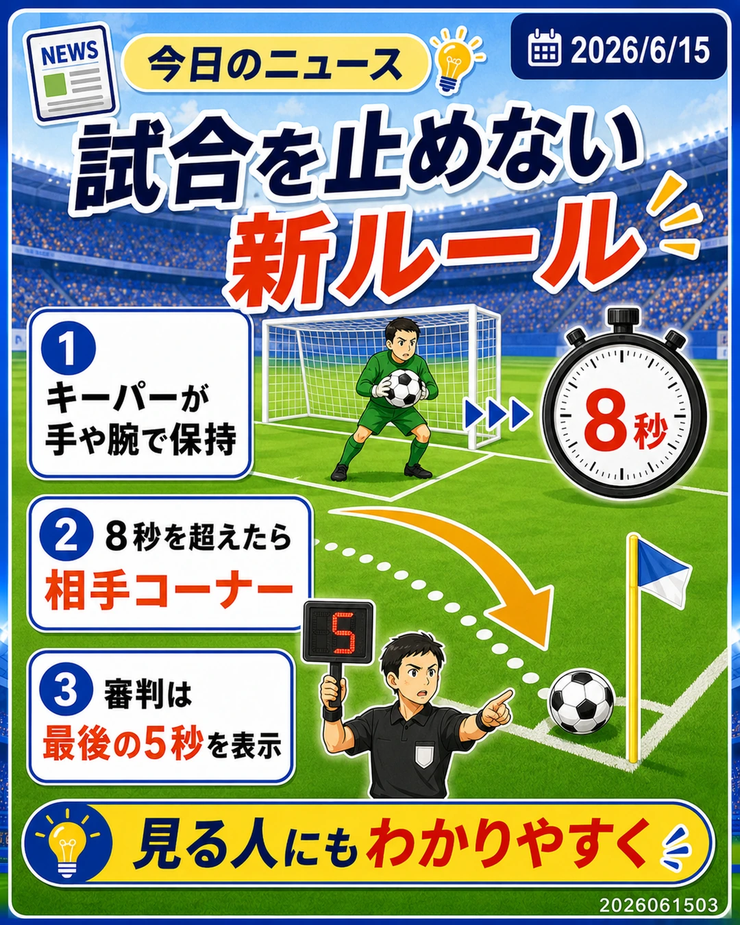 キーパーが8秒を超えてボールを持つと相手コーナーになる時間稼ぎ対策を説明するスライド