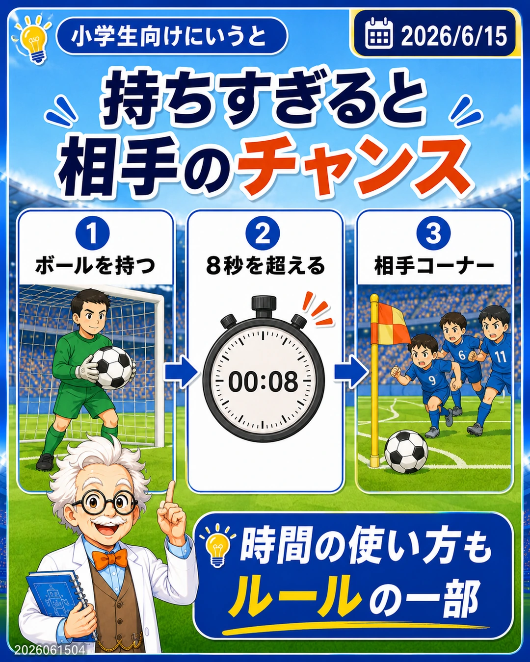 キーパーがボールを持ちすぎると相手のコーナーキックになる流れを小学生向けに説明するスライド