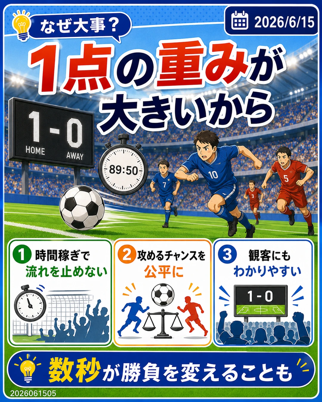 1点の重みが大きいサッカーで時間稼ぎを減らす理由を説明するスライド