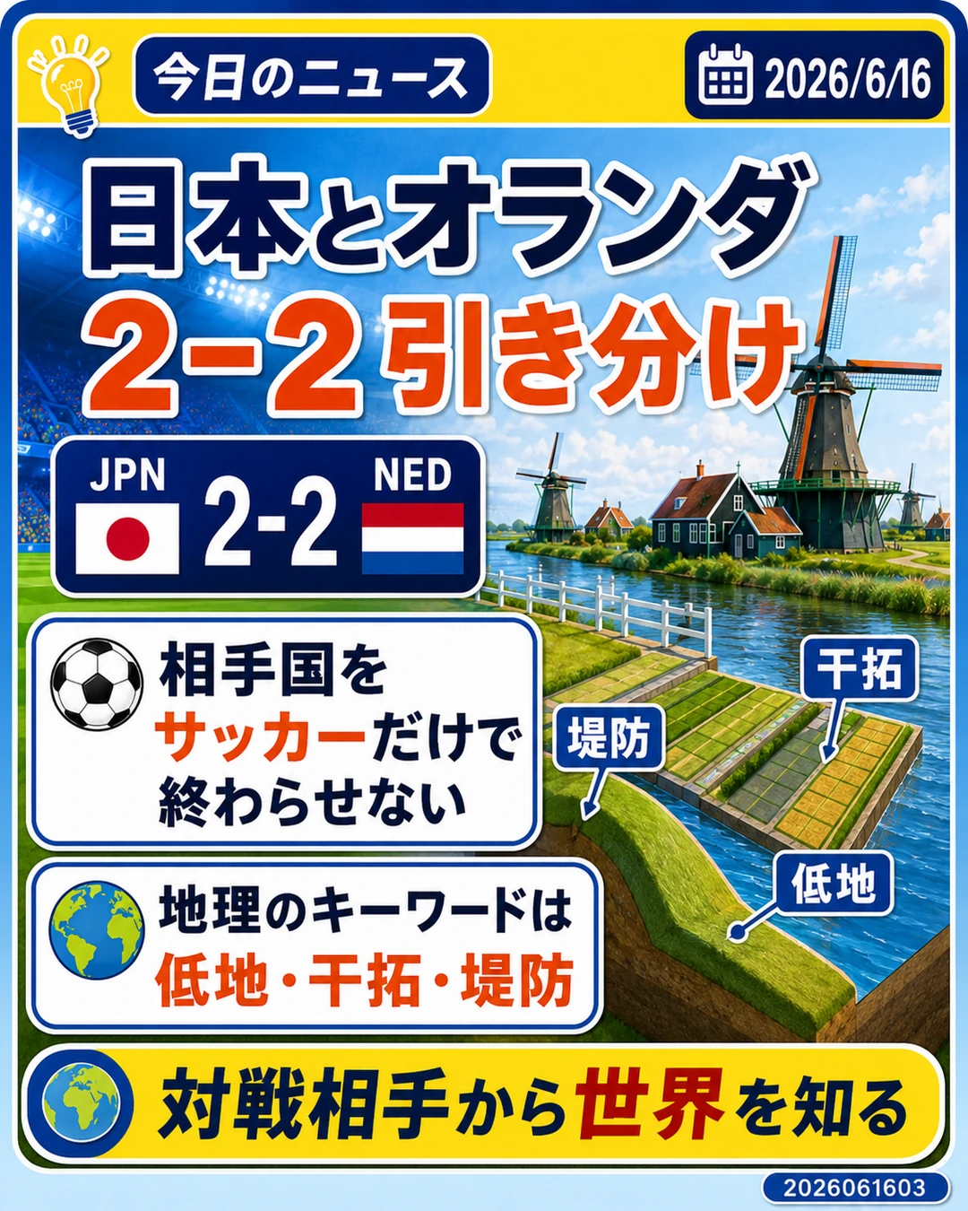 日本とオランダがワールドカップで2対2で引き分けたことから相手国の地理を学ぶスライド