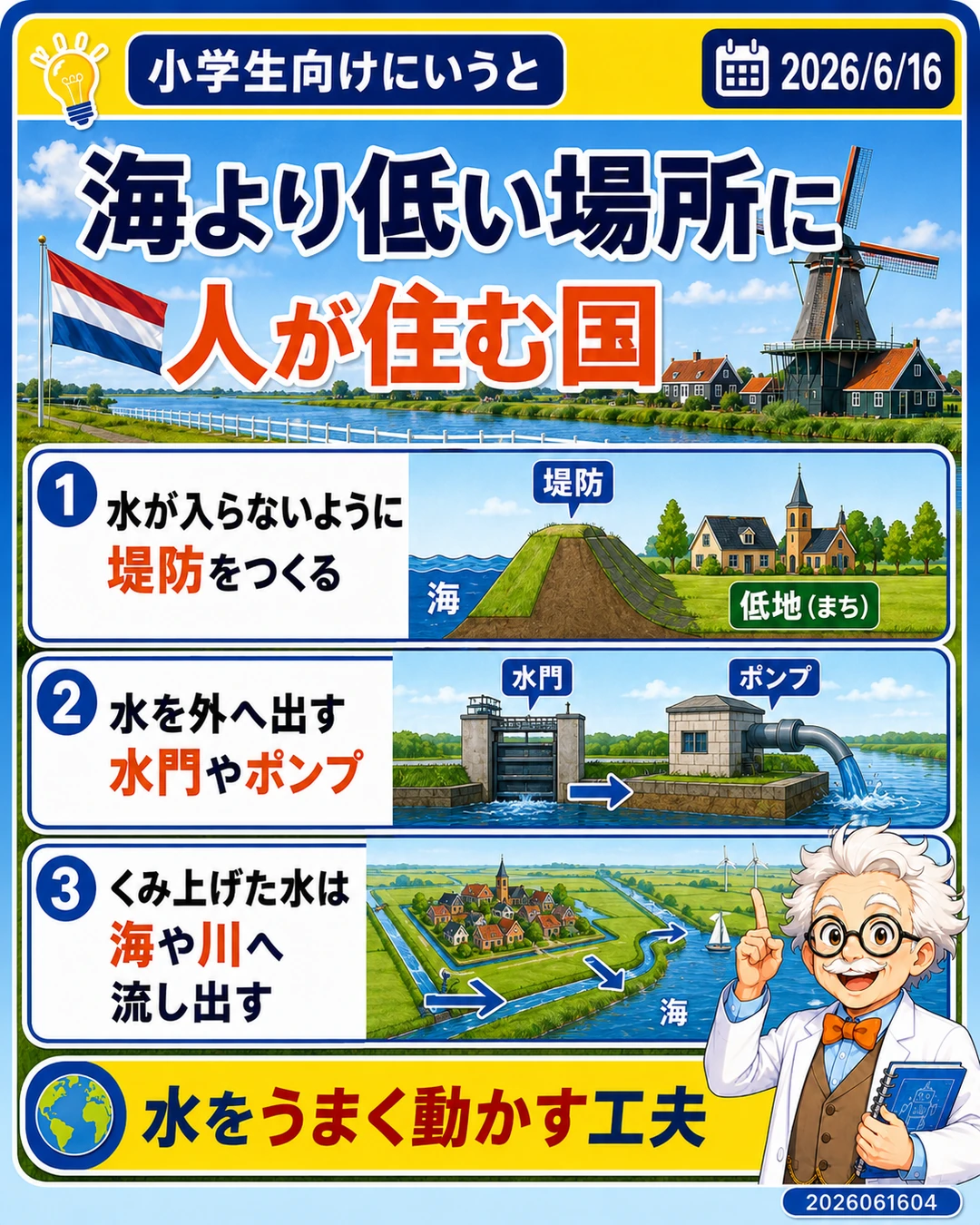 オランダで海面より低い土地を堤防や水門で守る仕組みを小学生向けに説明するスライド