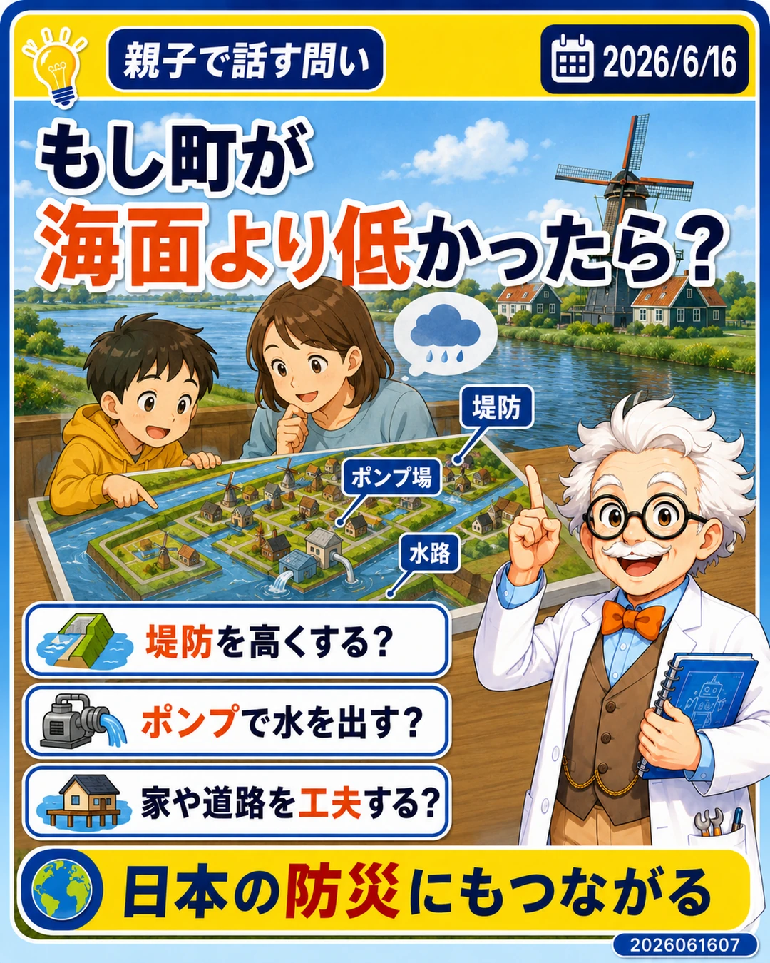 海面より低い町だったらどんな工夫が必要かを親子で話す問いのスライド