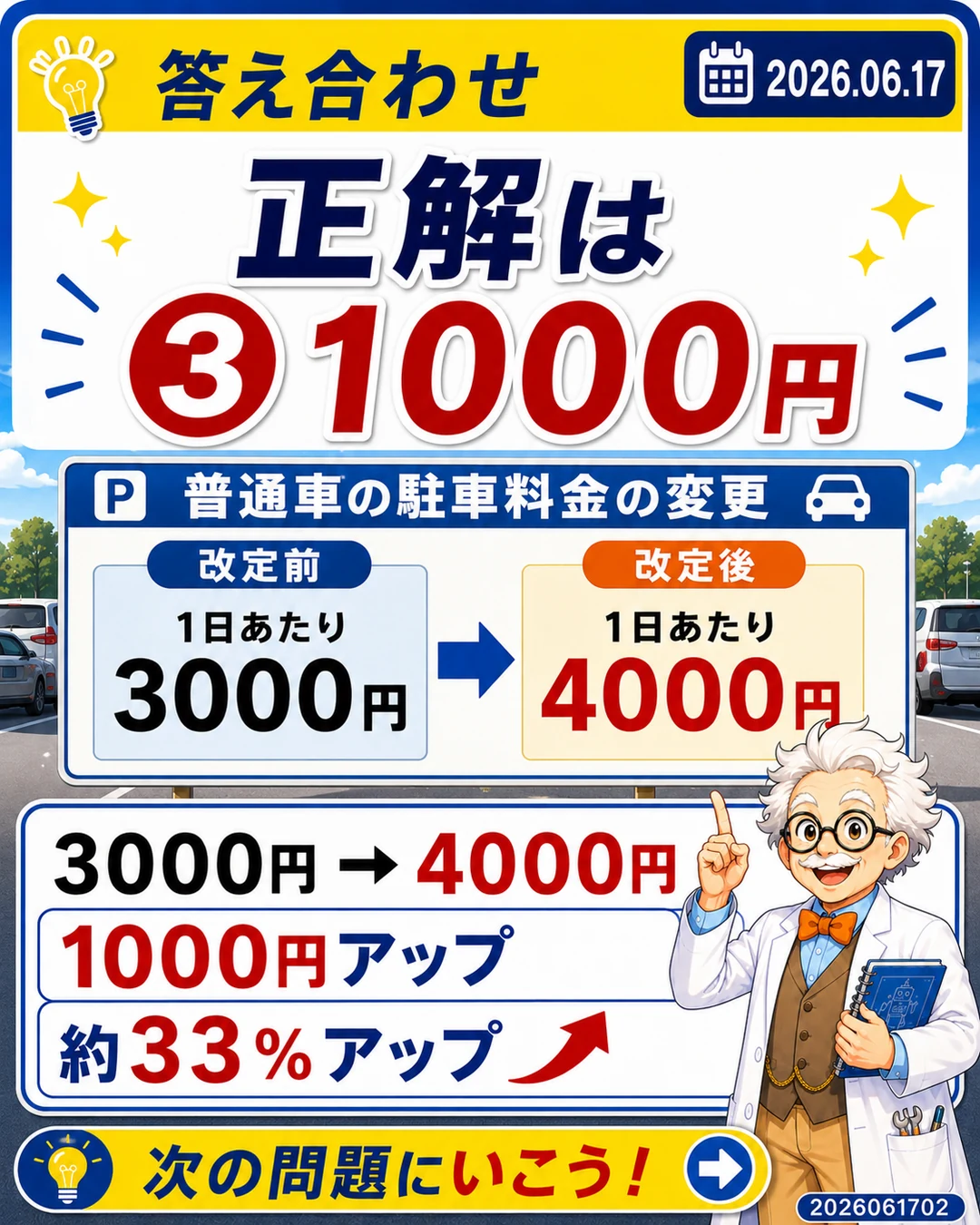 ディズニー駐車場料金の正解は1000円アップと示す答え合わせスライド