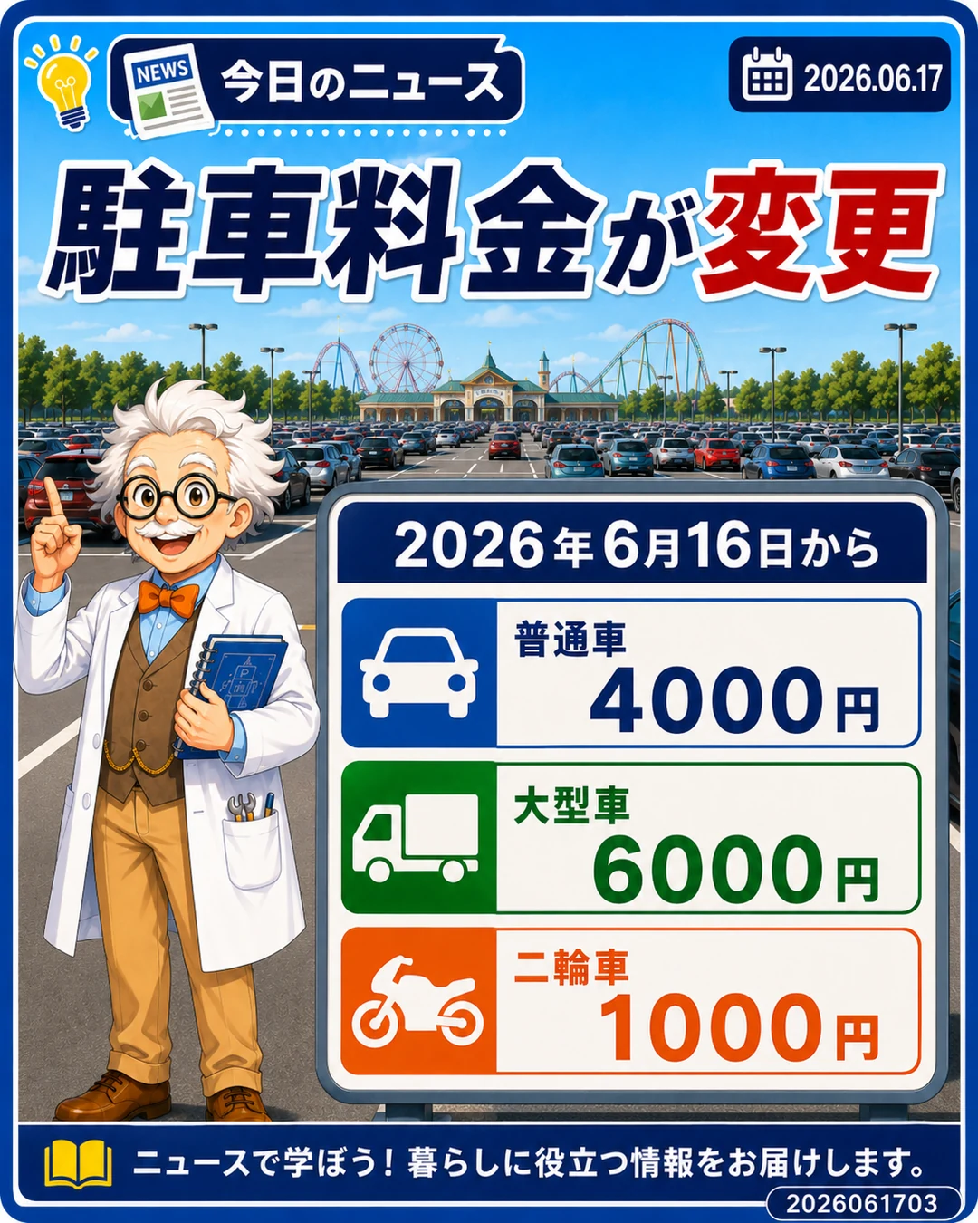 東京ディズニーリゾートの駐車料金が普通車4000円、大型車6000円、二輪車1000円になったことを説明するスライド