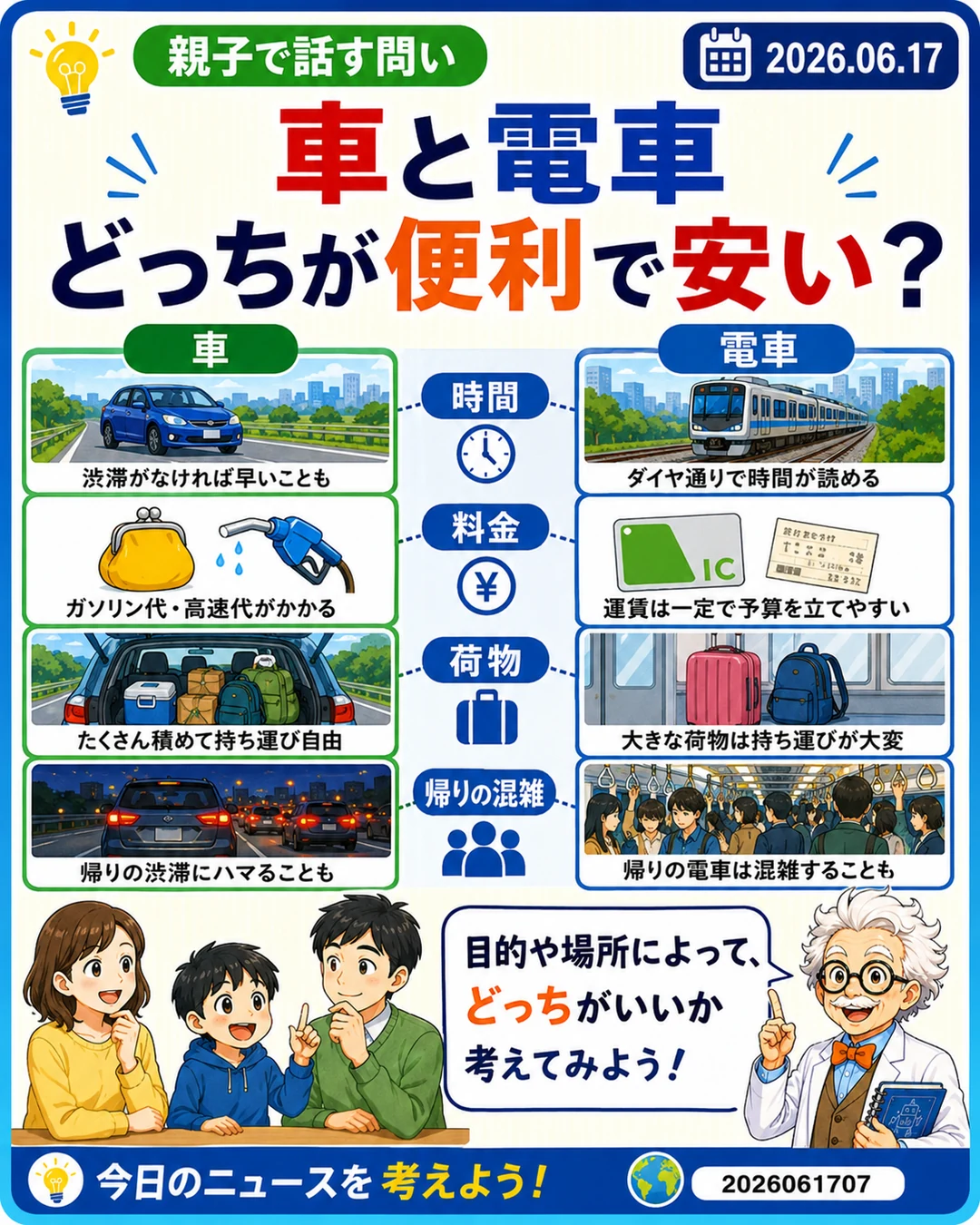 ディズニーへ行くとき車と電車のどちらが便利で安いかを親子で話す問いのスライド