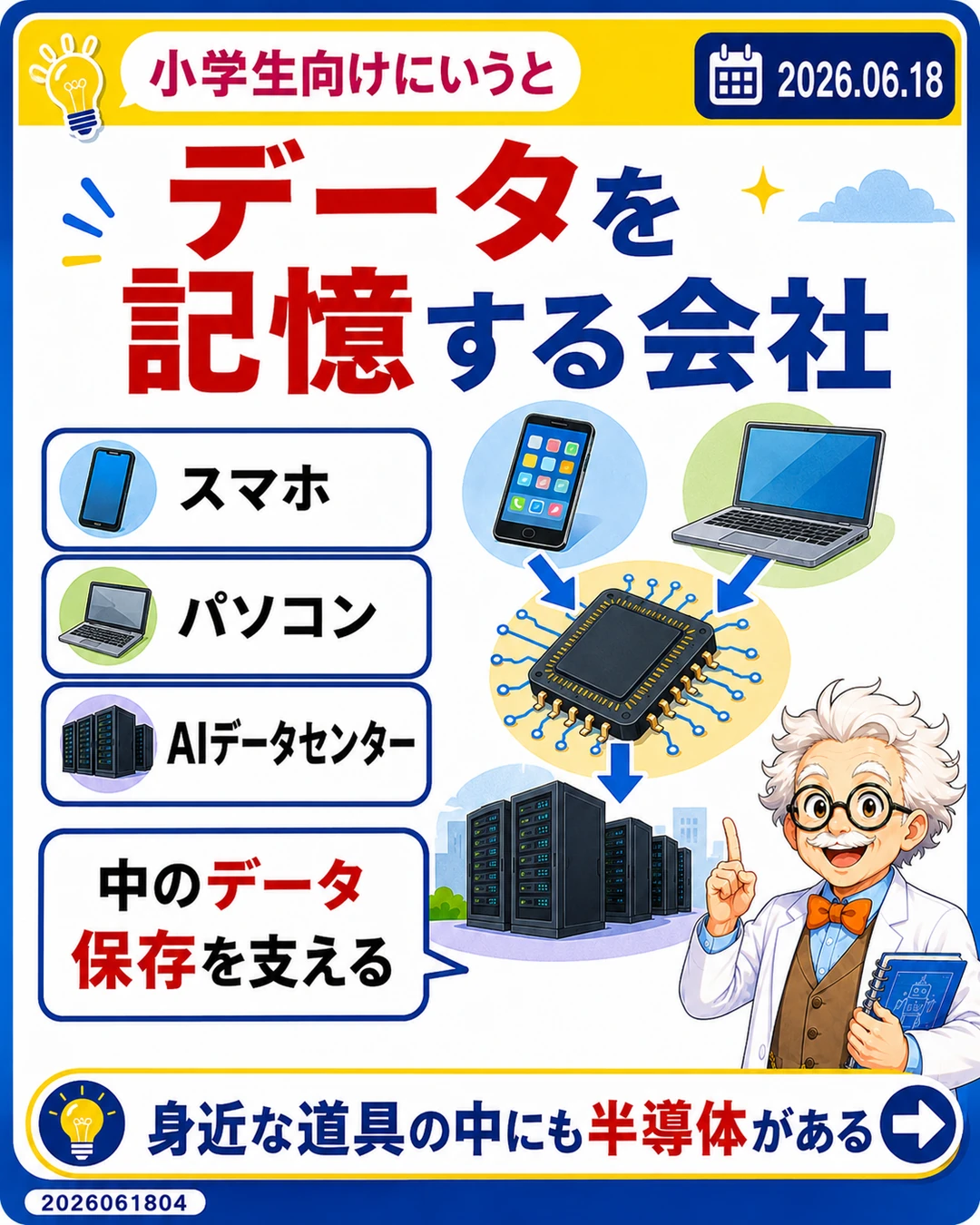 キオクシアはスマホやパソコンやデータセンターでデータを記憶する部品を作る会社だと説明するスライド
