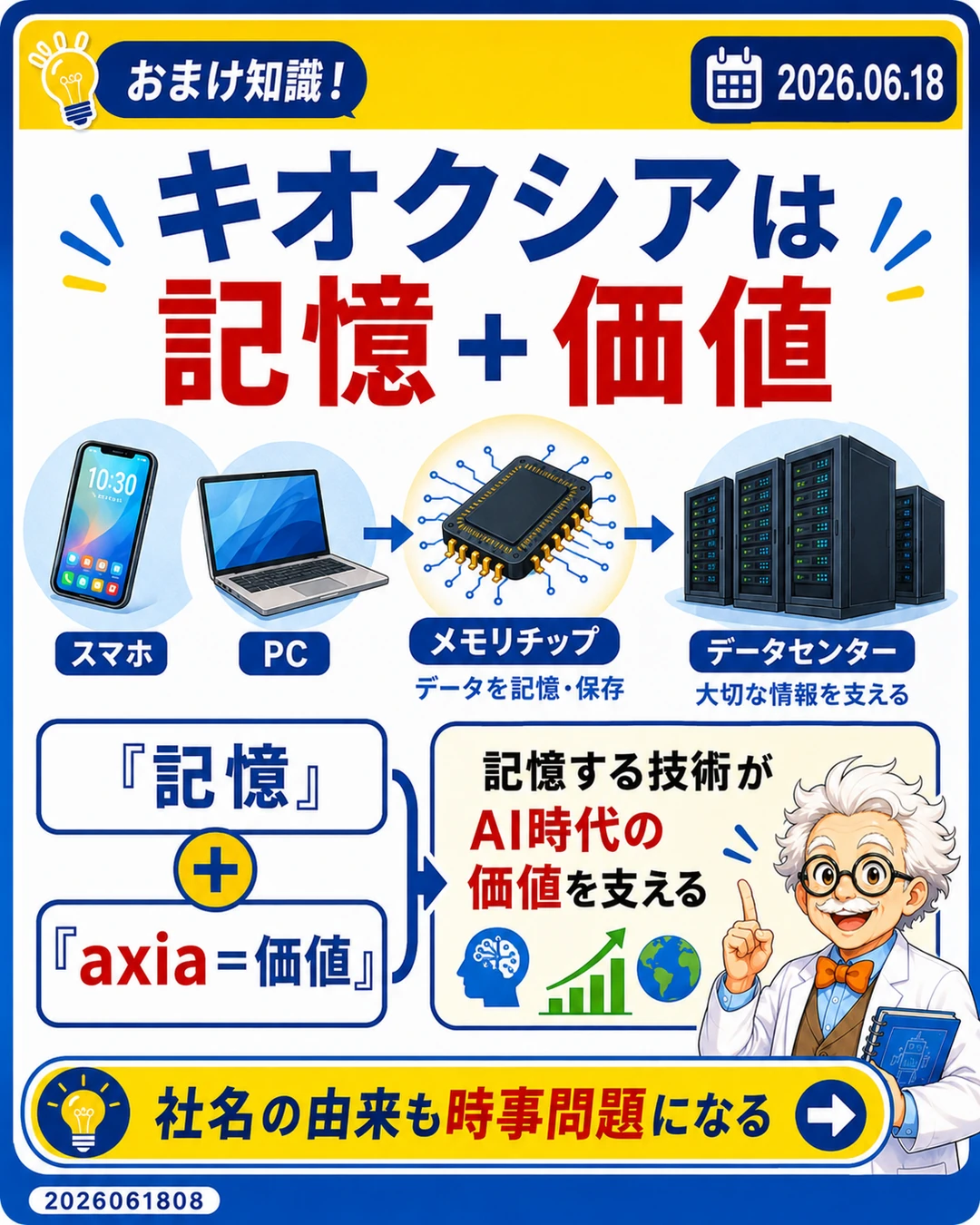 キオクシアの社名が記憶と価値を組み合わせた言葉だと説明するおまけ知識スライド