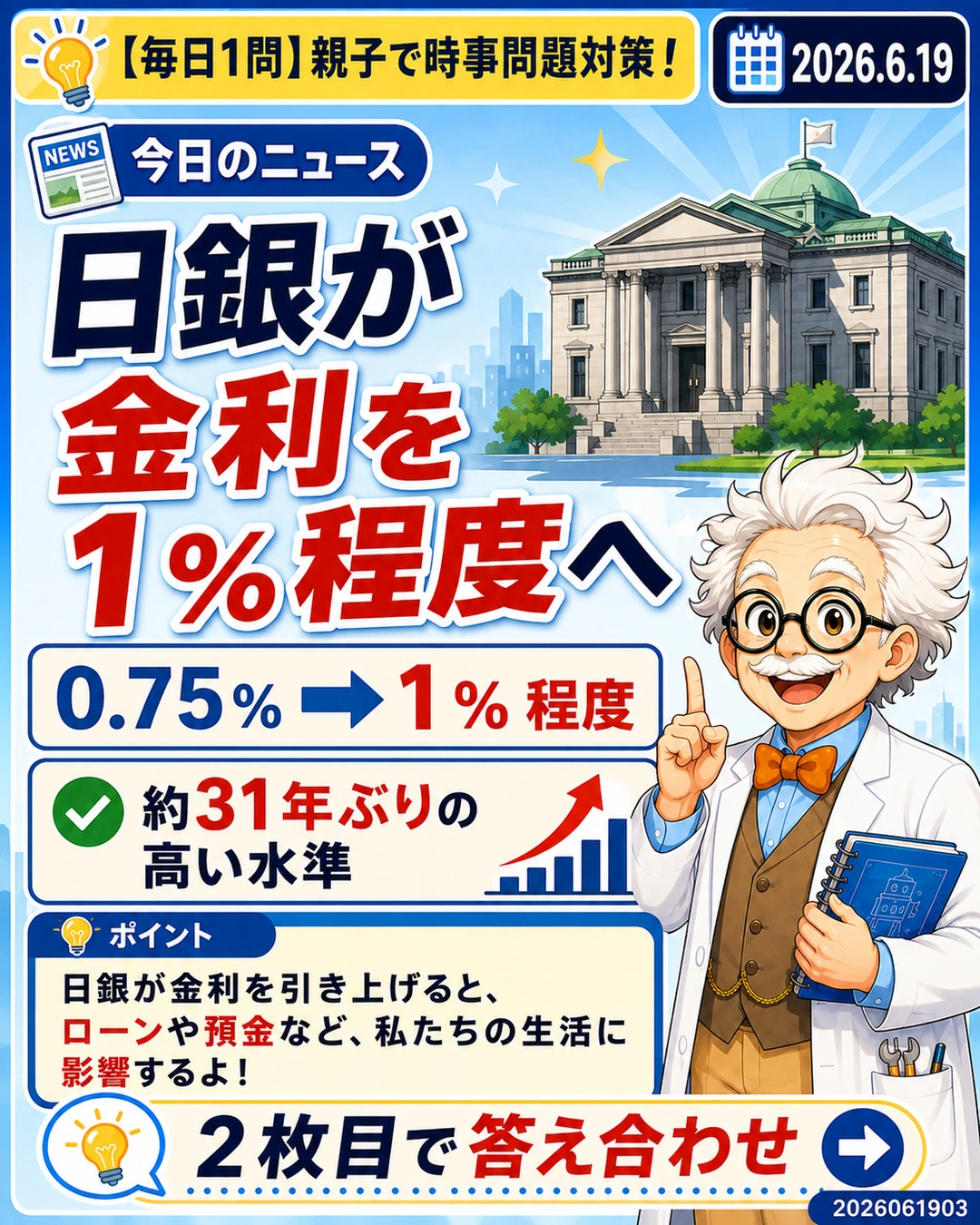 日銀が政策金利を0.75％から1％程度へ引き上げたニュースを説明するスライド