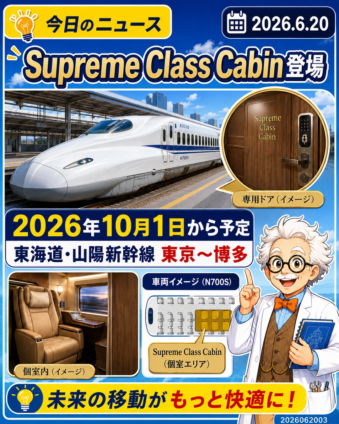 東海道・山陽新幹線にSupreme Class Cabinが2026年10月から登場予定であることを説明するスライド