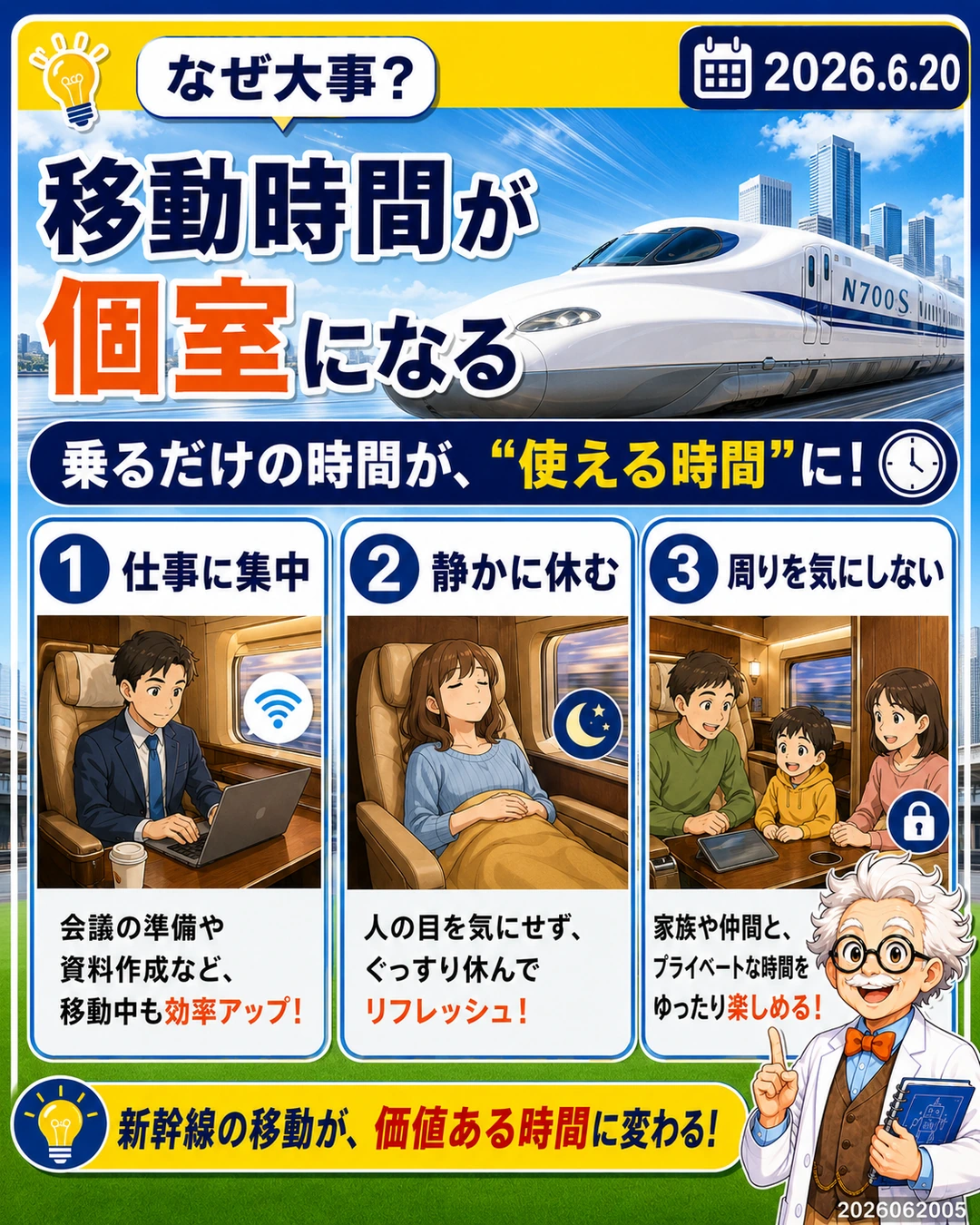 新幹線の個室Cabinが移動時間を仕事や休憩に使える個室空間に変えることを説明するスライド