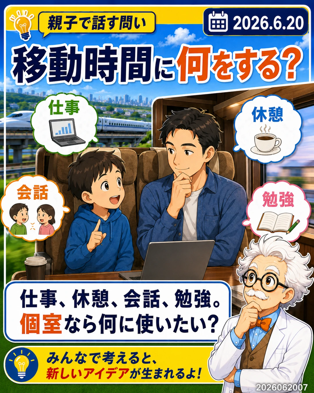 新幹線の個室なら移動時間を何に使いたいか親子で話す問いのスライド