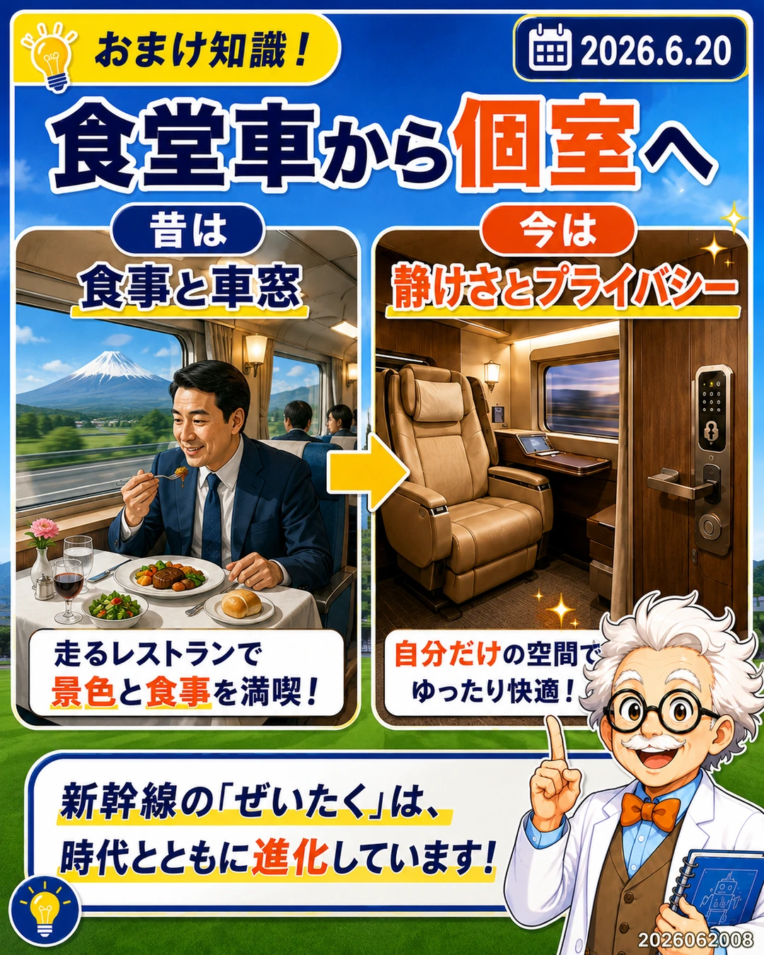 昔の新幹線の食堂車と現代の個室Cabinを比べて移動時間の価値の変化を説明するおまけ知識スライド