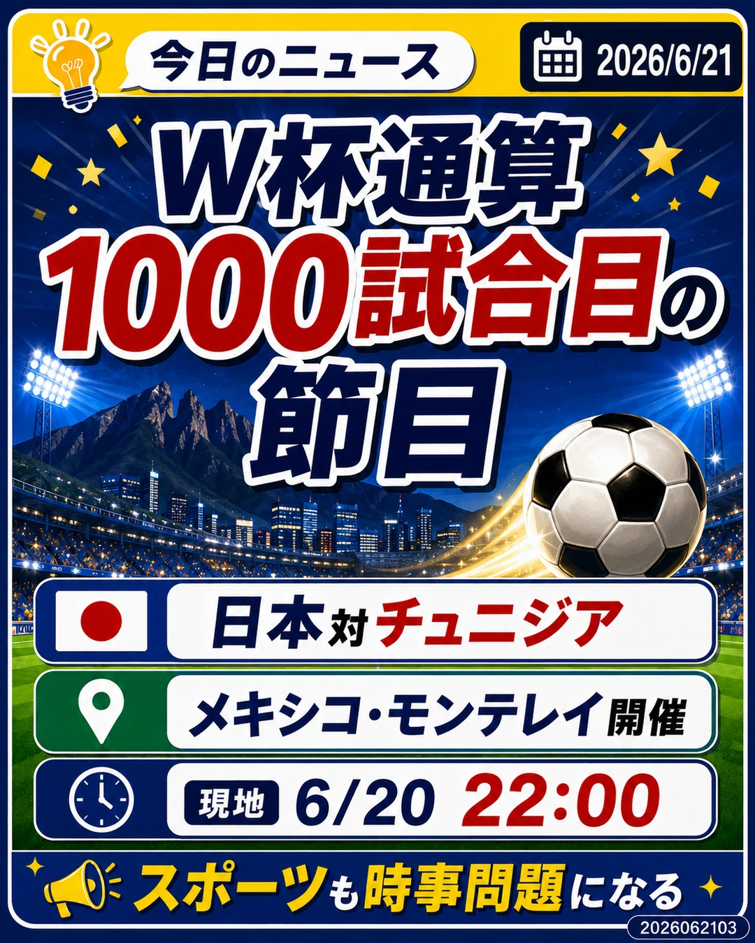 W杯通算1000試合目の節目として日本対チュニジア戦を紹介するニュース解説スライド