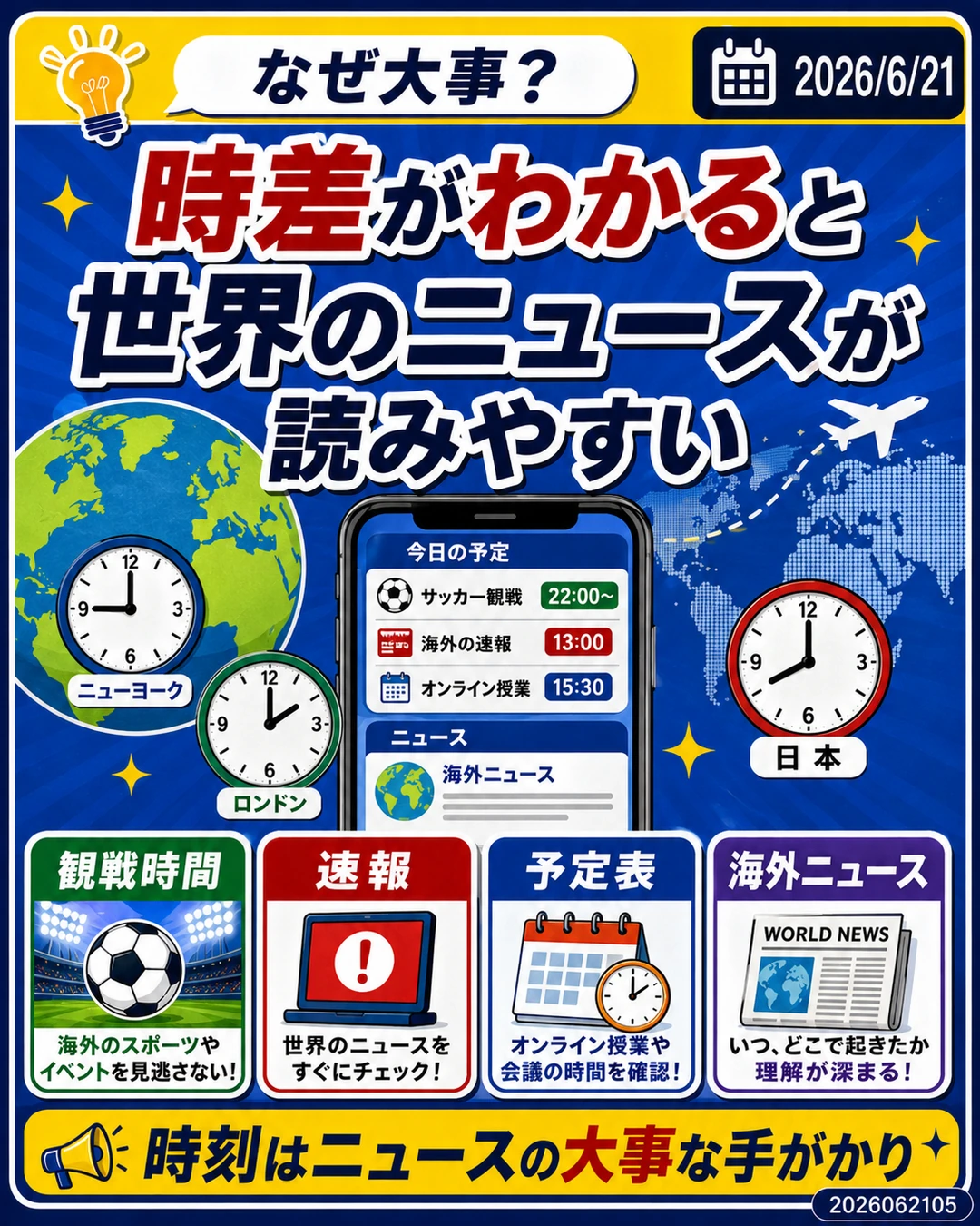 時差がわかると観戦時間や海外ニュースや予定表が読みやすくなることを説明するスライド