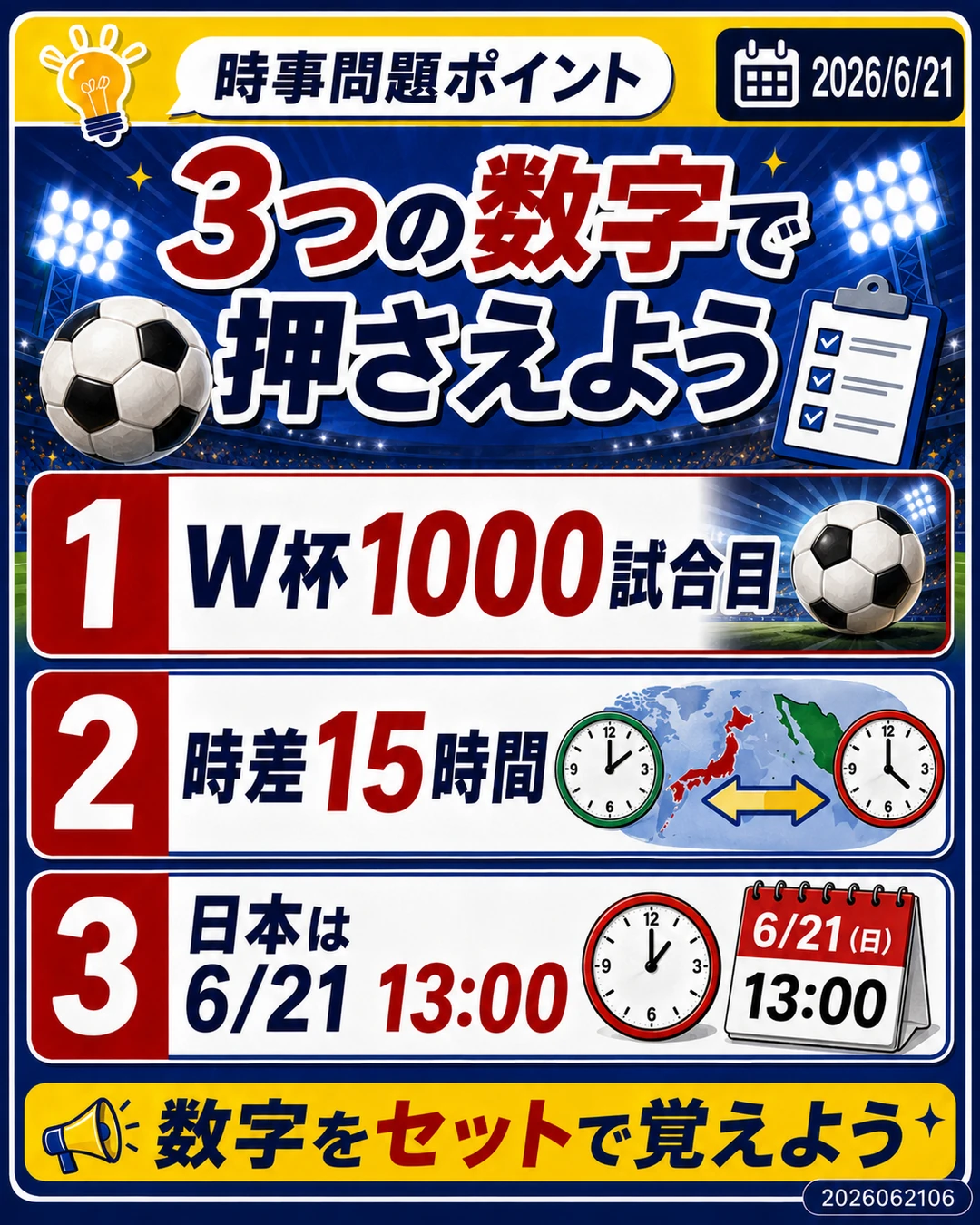 W杯1000試合目、時差15時間、日本時間6月21日13時の3つの数字を整理するスライド