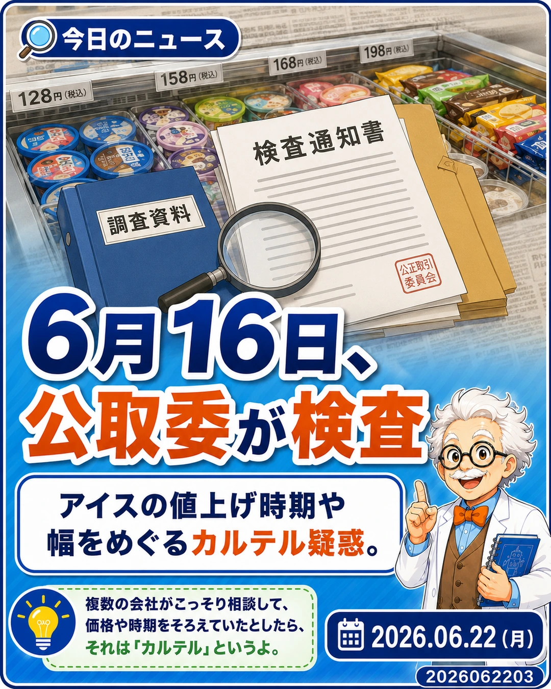 2026年6月16日にアイス大手6社へ公正取引委員会の立ち入り検査が入ったニュース解説スライド