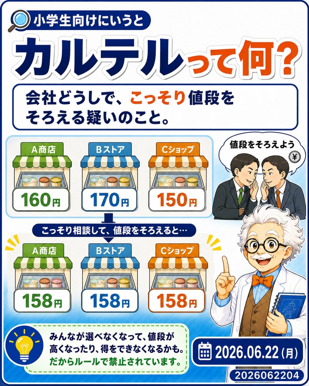 カルテルとは会社どうしで価格をそろえる疑いだと小学生向けに説明するスライド