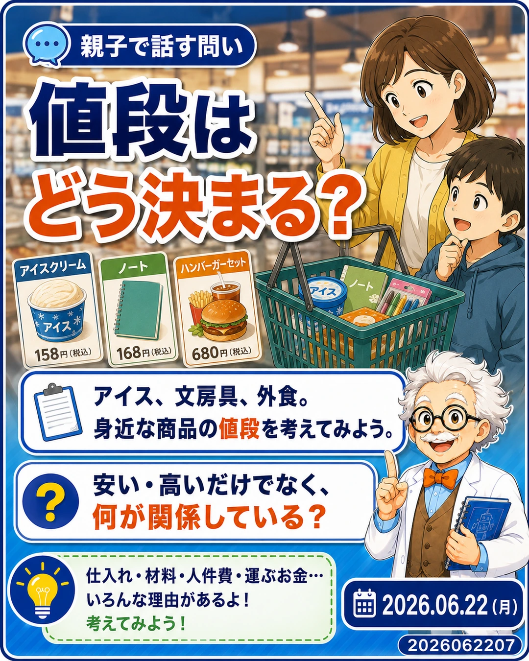身近な商品の値段がどう決まるかを親子で話す問いのスライド