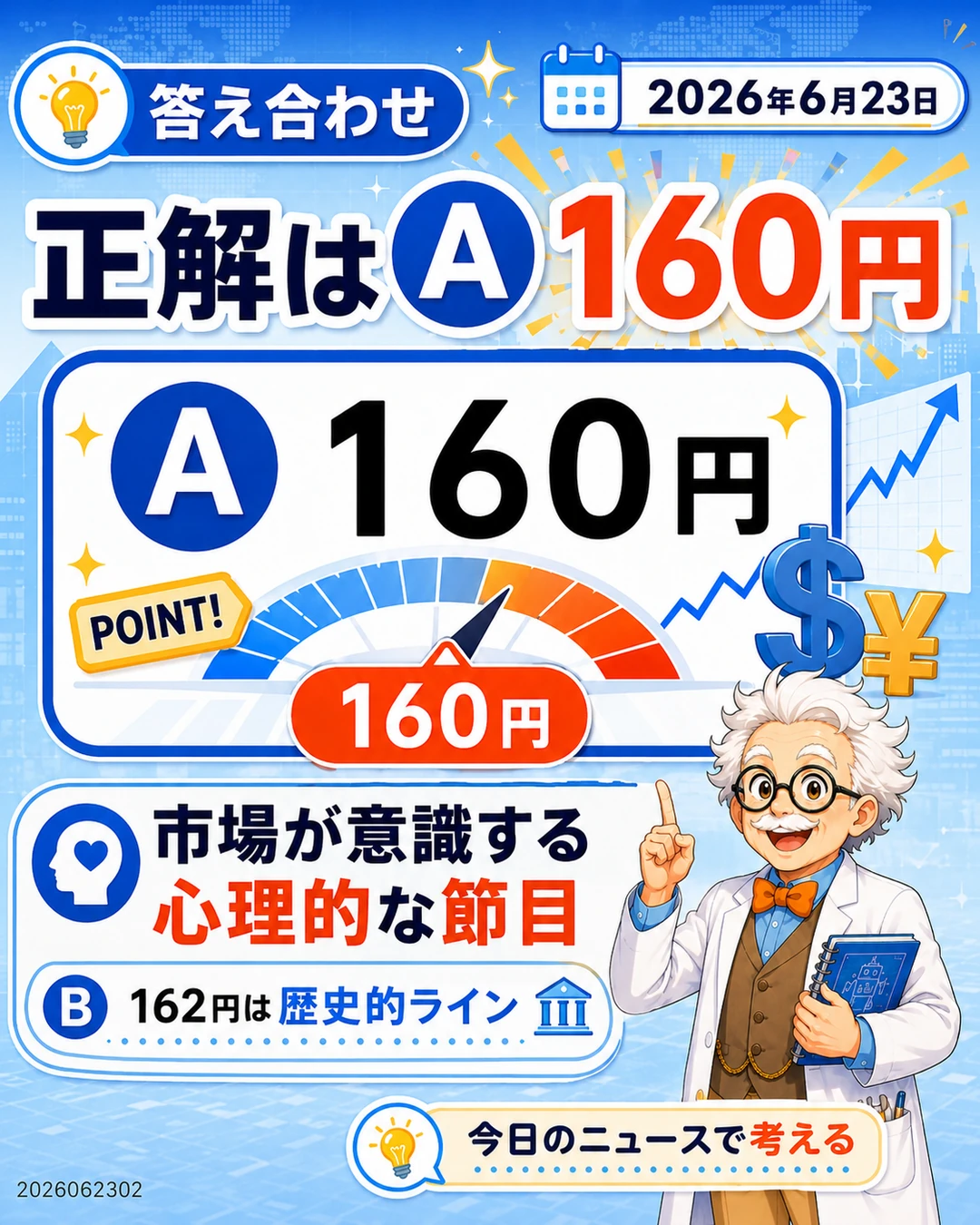 円安クイズの正解がAの160円であることを示す答え合わせスライド