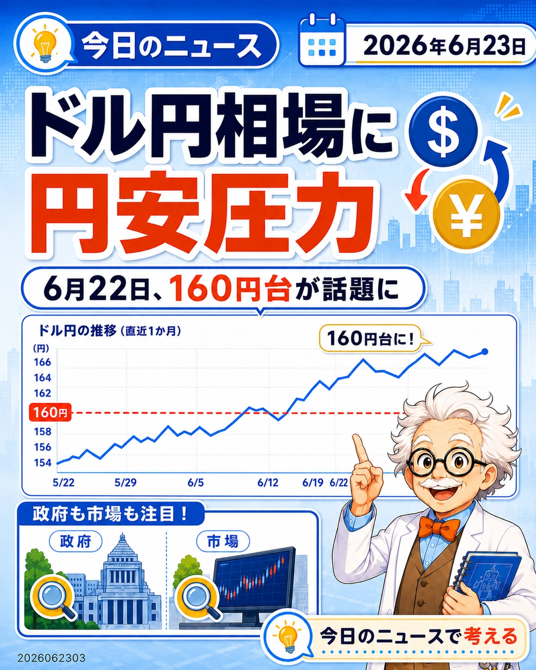 ドル円相場で円安が進み160円台が注目されたニュースを説明するスライド