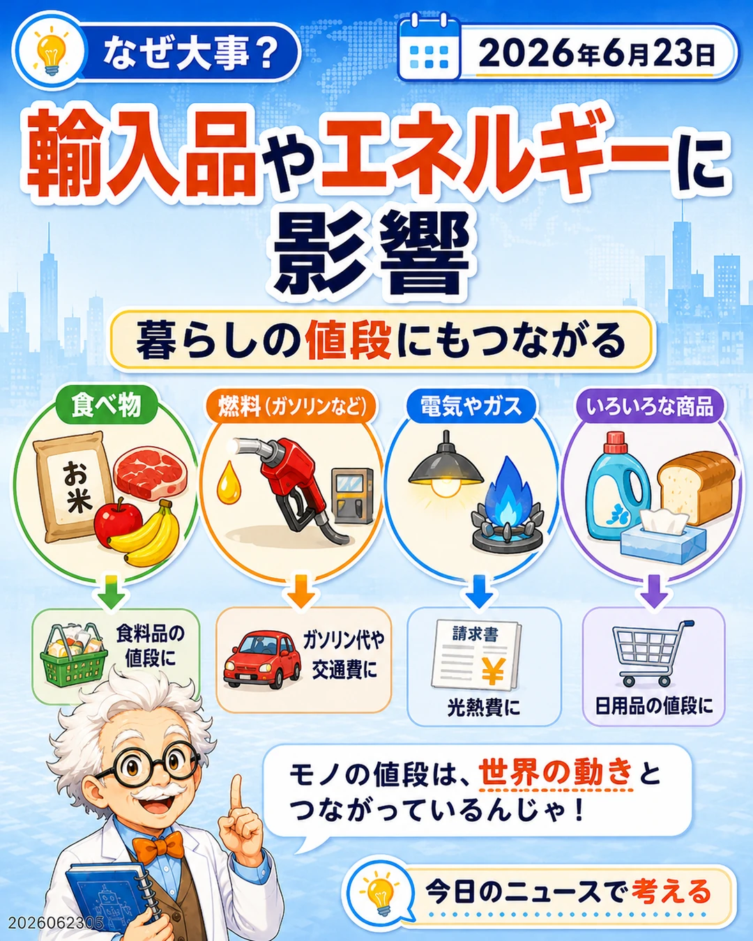 円安が輸入品やエネルギー価格を通じて暮らしに影響することを説明するスライド