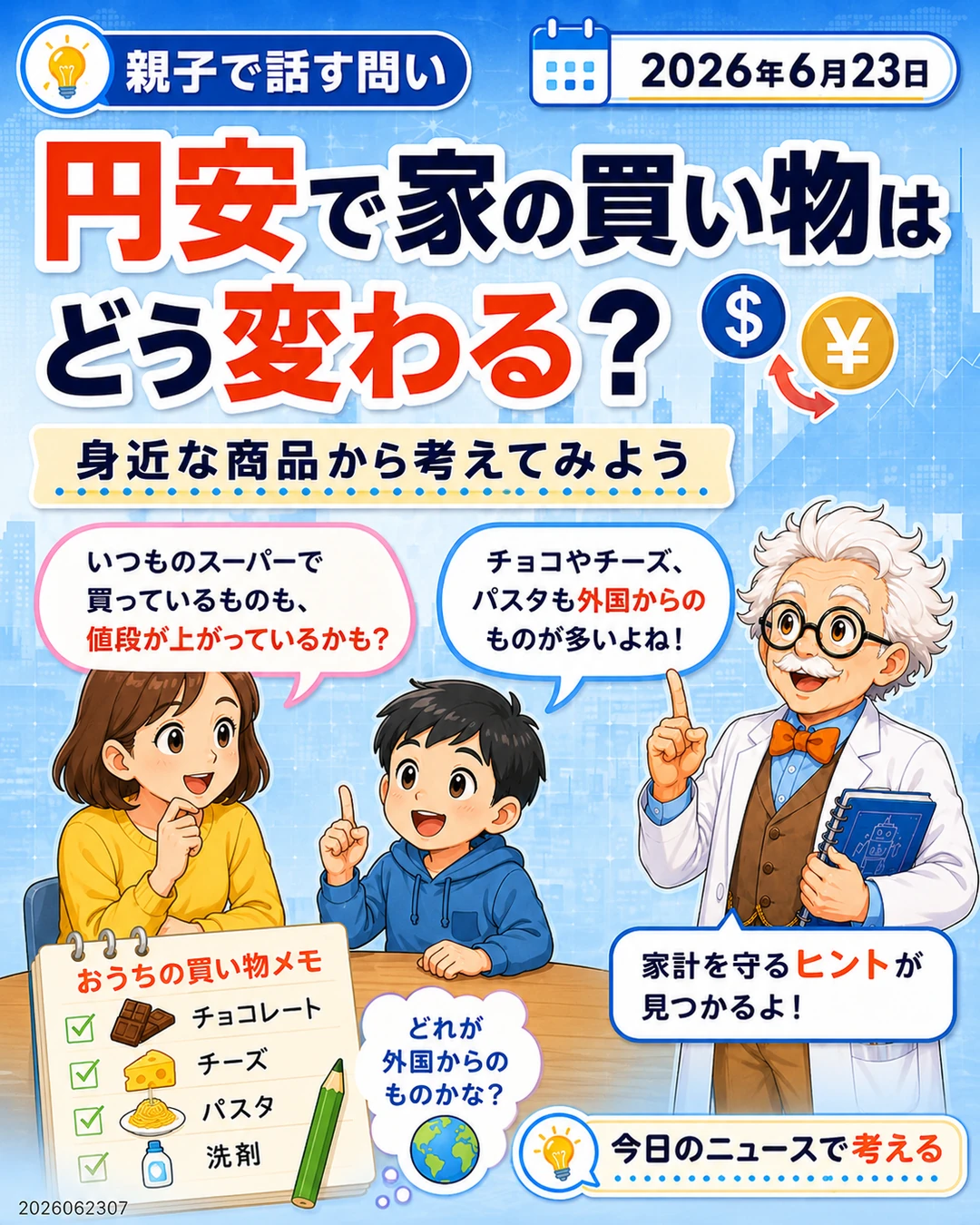 円安になると家庭の買い物で何が変わるかを親子で話す問いのスライド
