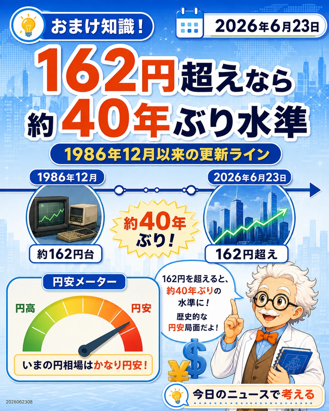 162円を超えると1986年12月以来約40年ぶりの円安水準更新になることを説明するおまけ知識スライド