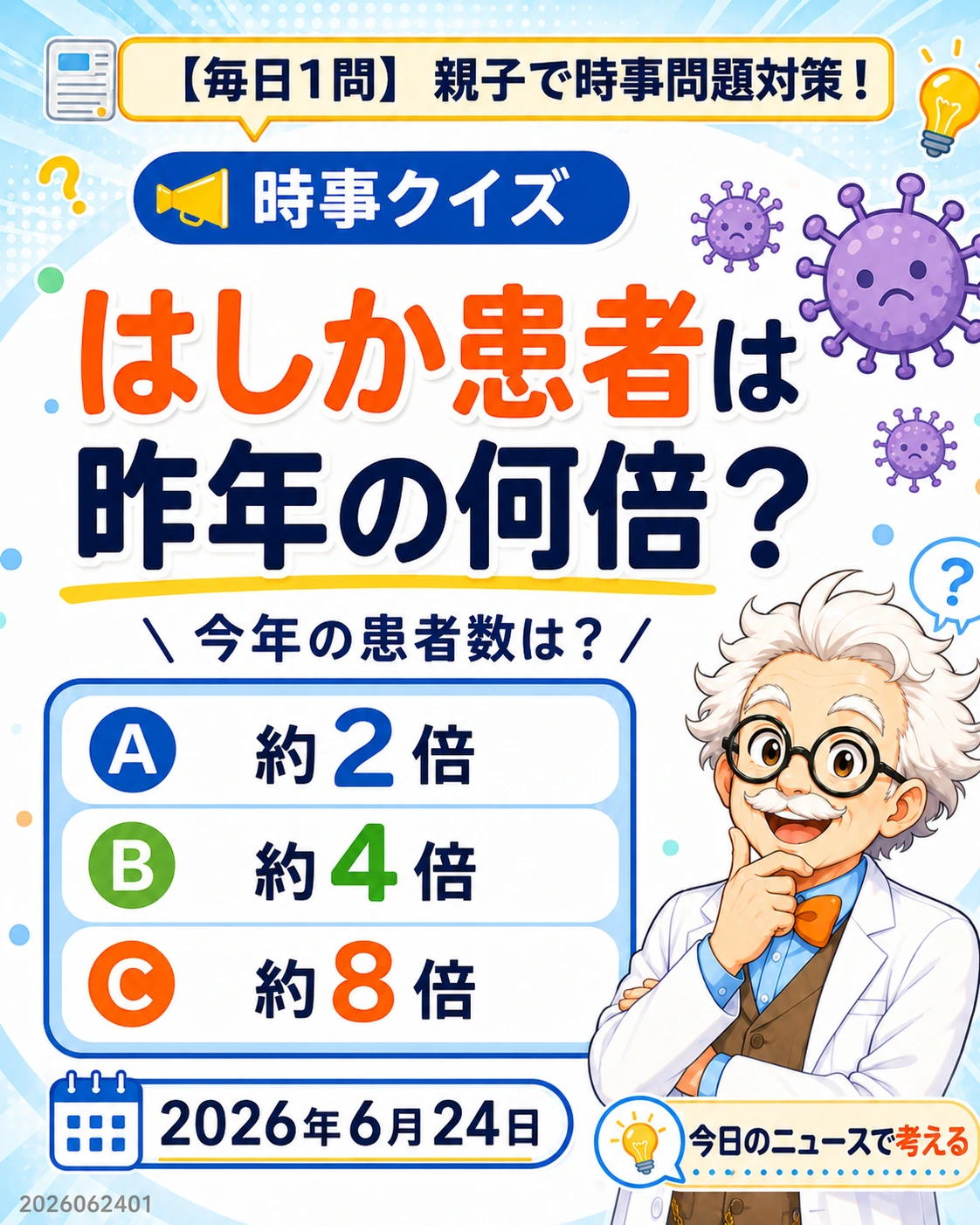 国内のはしか患者数が昨年同時期の何倍かを問う時事クイズ