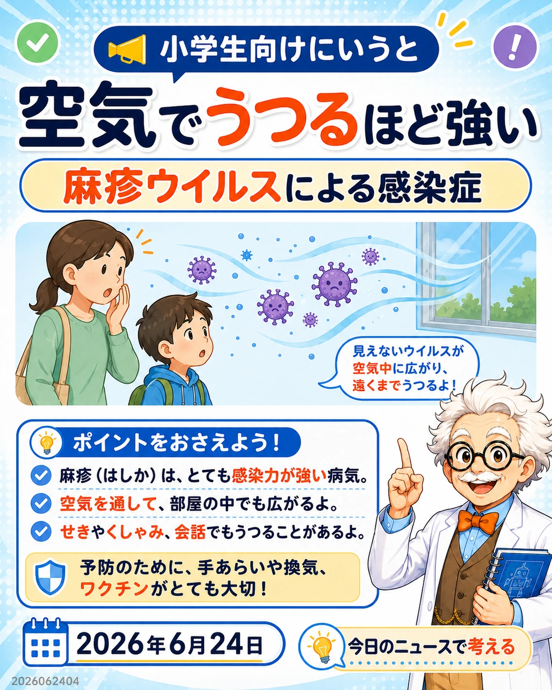 はしかが空気感染するほど感染力の強い麻疹ウイルスの感染症であることを説明するスライド