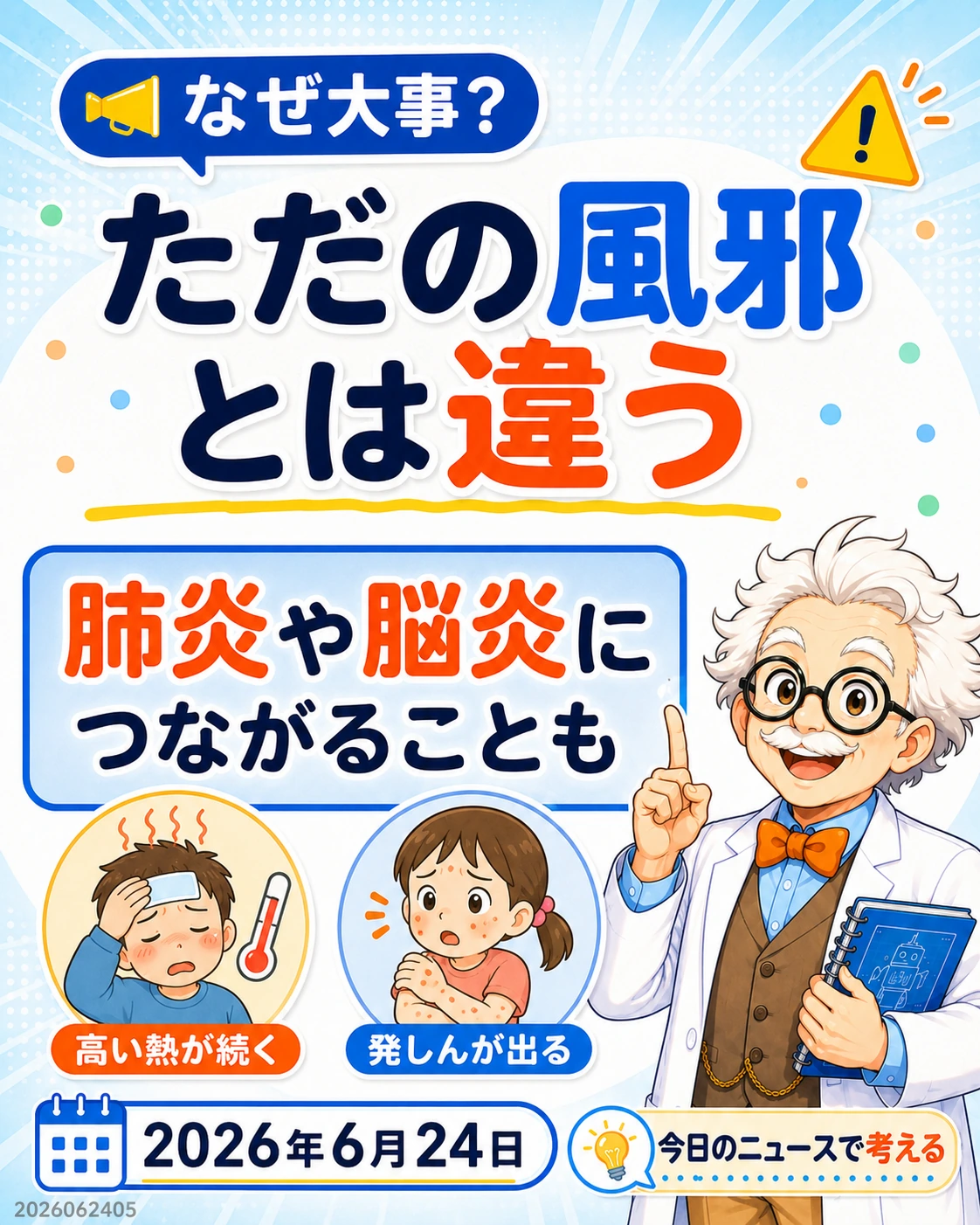 はしかがただの風邪ではなく肺炎や脳炎につながることもある感染症だと説明するスライド