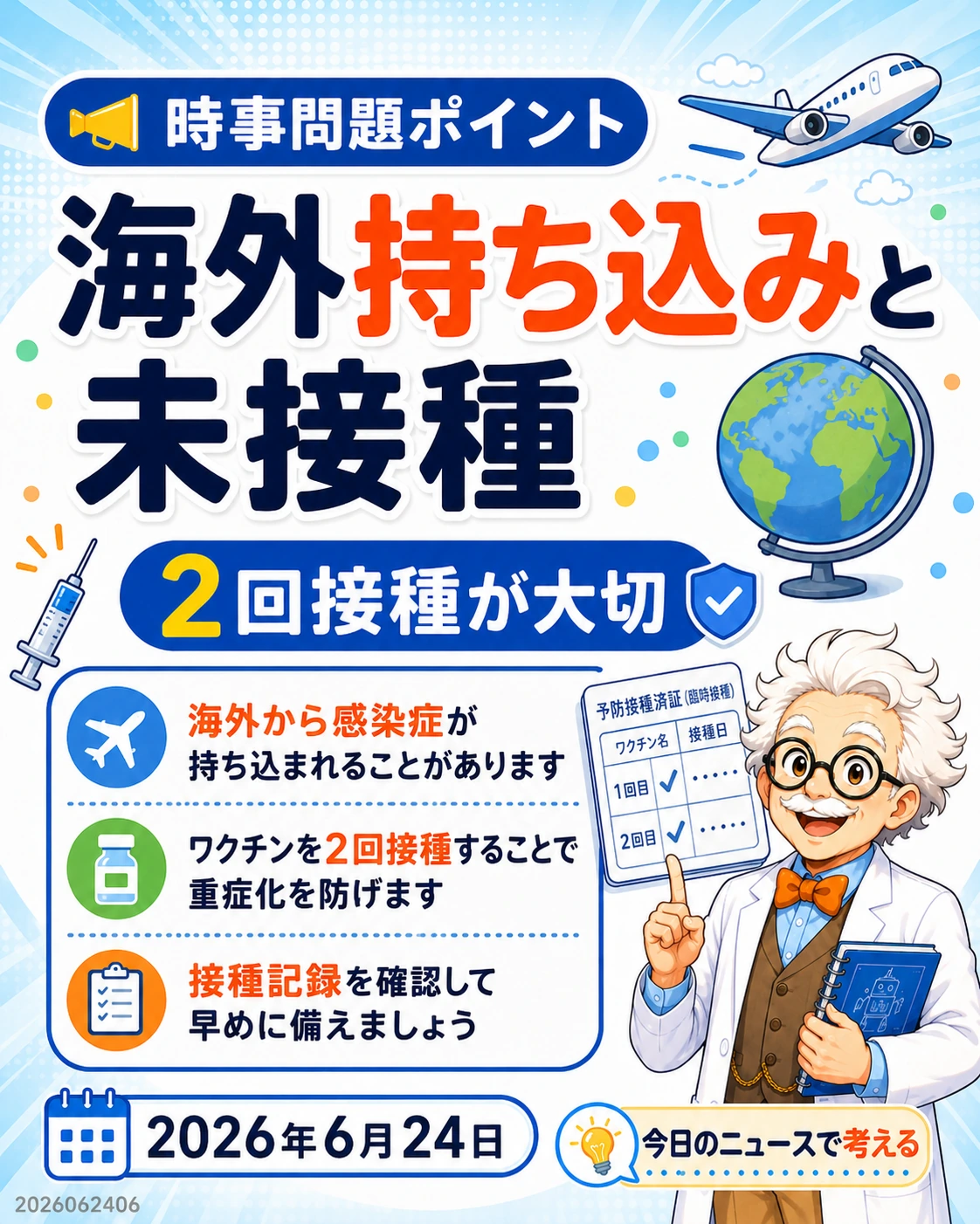 はしか増加の時事問題ポイントとして海外持ち込みとワクチン未接種を整理するスライド