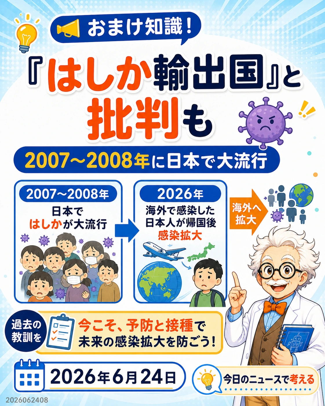 2007年から2008年の日本のはしか大流行とはしか輸出国という批判を説明するおまけ知識スライド