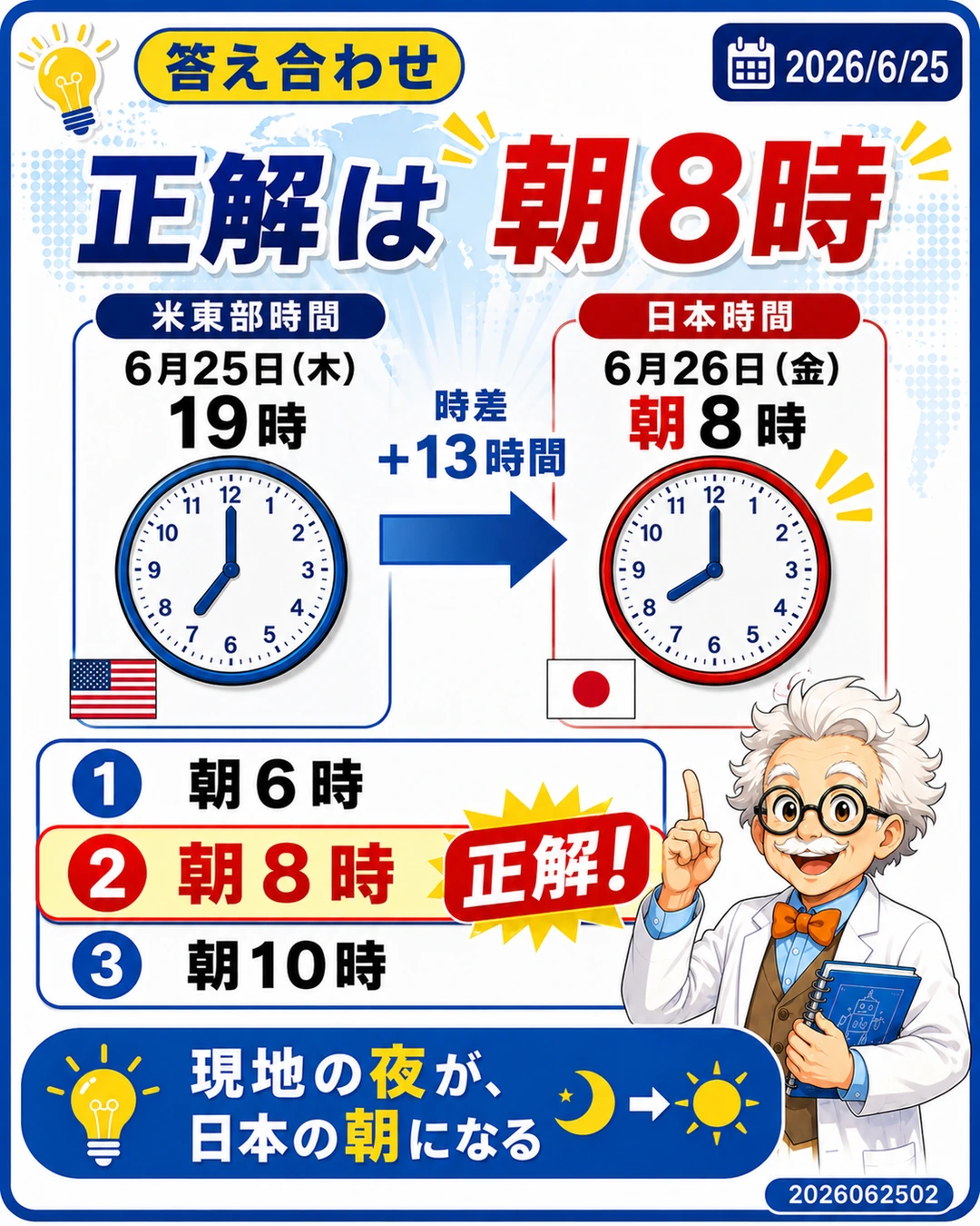 日本対スウェーデン戦の正解は日本時間6月26日朝8時だと示す答え合わせスライド